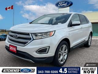 White Platinum Metallic Tri-Coat 2016 Ford Edge Titanium 4D Sport Utility EcoBoost 2.0L I4 GTDi DOHC Turbocharged VCT 6-Speed Automatic with Select-Shift AWD AWD, 110V Power Outlet, 12 Speakers, 3.16 Axle Ratio, 4-Wheel Disc Brakes, ABS brakes, Air Conditioning, Alloy wheels, All-Weather Floor Mats, AM/FM radio: SiriusXM, Auto-Dimming Drivers Exterior Mirror, Auto-dimming Rear-View mirror, Automatic temperature control, BLIS Blind Spot Information System, Block heater, Brake assist, Bumpers: body-colour, CD player, Class II Trailer Tow Package w/Trailer Sway Control, Cold Weather Package, Compass, Delay-off headlights, Driver door bin, Driver vanity mirror, Dual front impact airbags, Dual front side impact airbags, Electronic Stability Control, Emergency communication system: 911 Assist, Equipment Group 301A, Exterior Parking Camera Rear, Four wheel independent suspension, Front anti-roll bar, Front Bucket Seats, Front dual zone A/C, Front Heated Leather-Trimmed Sport Seats, Front reading lights, Fully automatic headlights, Garage door transmitter, Heated door mirrors, Heated front seats, Heated Rear Seats, Heated Steering Wheel, Illuminated entry, Knee airbag, Leather Shift Knob, Low tire pressure warning, Memory seat, Occupant sensing airbag, Outside temperature display, Overhead airbag, Overhead console, Panic alarm, Passenger door bin, Passenger vanity mirror, Power door mirrors, Power driver seat, Power Liftgate, Power passenger seat, Power steering, Power windows, Premium audio system: Sony, Radio: AM/FM/SiriusXM Satellite w/CD & Sony Audio, Rear anti-roll bar, Rear Parking Sensors, Rear reading lights, Rear window defroster, Rear window wiper, Remote keyless entry, Security system, Speed control, Speed-Sensitive Wipers, Split folding rear seat, Spoiler, Steering wheel mounted audio controls, SYNC 3, Tachometer, Telescoping steering wheel, Tilt steering wheel, Traction control, Trip computer, Turn signal indicator mirrors, Unique Perf Leather Heated/Cooled Sport Seats, Variably intermittent wipers, Voice Activated Navigation, Wheels: 19 Premium Painted Luster Nickel Aluminum.


Reviews:
  * Owners say they appreciate the easy-to-use technology and enjoy a comfortable drive in most conditions. Expect a pleasing punch from the 2.7L engine, which sportier drivers seem to enjoy. The updated infotainment system is easy to learn, even for first-time touchscreen users. Source: autoTRADER.ca