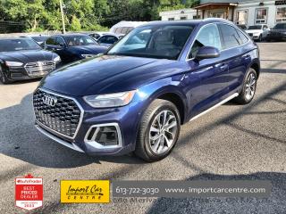 *** 2023 AUTOTRADER BEST PRICED DEALER AWARD 2023 * CARGURUS TOP RATED DEALER 2023 * NO ACCIDENTS * SMETANA APPROVED ***  The Audi Q5 Sportback continues to be one of the most sought after and desirable suvs found on the roadways for a plethora of reasons...sleek styling, versatility, incredible Quattro all wheel drive handling, loaded with safety features and equipment and represents fantastic value for your hard earned loonie!!  Finished in Navarra Blue Metallic with gorgeous contrasting gorgeous Gray Rock perforated leather, 19 alloys, privacy glass, power tailgate, proximity key, 2 stage drivers seat memory system, stainless steel trim, paddle shifters, Audi Virtual Cockpit, start/stop function, tri-zone climate control system, heated and cooled seats, Audi Drive Select, hill decent, traction control, heated steering wheel, panoramic roof, sport seats, thigh extensions, rear sunshades, power folding mirrors, backup camera, park distance control, rear cross traffic alert, rain sensing wipers, speed warning, traffic sign information, active lane assist, Audi Pre-Sense, Audi Side Assist all compliment this stunning 2022 Audi Q5 Sportback Progressiv.  Perfection and beyond!!  Home of the Platinum up to 240,000kms warranty and financing is always available O.A.C Import Car Centre, proudly serving the Ottawa and surrounding area for over 42 years. Come down and experience Import Car Centre for yourself and see just why our customers are so happy! 

 #importcarcentre #smetanaapproved #iccs