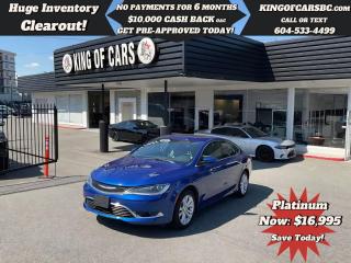 2017 CHRYSLER 200 LIMITEDSUNROOF, BACK UP CAMERA, POWER LEATHER SEATS, HEATED SEATS, HEATED STEERING WHEEL, BLIND SPOT DETECTION, BLUETOOTH, USB/AUX, A/C, DUAL CLIMATE CONTROL, POWER OPTIONS, REMOTE STARTER, KEYLESS GO, PUSH BUTTON START, LED HEADLIGHTSAVAILABLE WARRANTY OPTIONSCALL US TODAY FOR MORE INFORMATION604 533 4499 OR TEXT US AT 604 360 0123GO TO KINGOFCARSBC.COM AND APPLY FOR A FREE-------- PRE APPROVAL -------STOCK # P215024PLUS ADMINISTRATION FEE OF $895 AND TAXESDEALER # 31301all finance options are subject to ....oac...