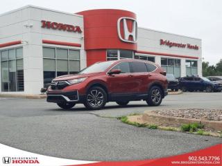 Recent Arrival! R569m 2022 Honda CR-V EX-L AWD CVT 1.5L I4 Turbocharged DOHC 16V LEV3-ULEV50 190hp Bridgewater Honda, Located in Bridgewater Nova Scotia.CR-V EX-L, AWD, Black Leather, 18 Aluminum Alloy Wheels, 4-Wheel Disc Brakes, 8 Speakers, ABS brakes, Adaptive Cruise Control: Adaptive Cruise Control (ACC) with Low-Speed Follow, Air Conditioning, Apple CarPlay/Android Auto, Auto High-beam Headlights, Auto-dimming Rear-View mirror, Automatic temperature control, Backup Camera, Brake assist, Bumpers: body-colour, Cruise Control, Delay-off headlights, Driver door bin, Driver vanity mirror, Dual front impact airbags, Dual front side impact airbags, Electronic Stability Control, Forward collision: Collision Mitigation Braking System (CMBS) + FCW mitigation, Four wheel independent suspension, Front anti-roll bar, Front dual zone A/C, Front fog lights, Front reading lights, Garage door transmitter: HomeLink, Heated door mirrors, Heated Front Bucket Seats, Heated rear seats, Heated steering wheel, Illuminated entry, Leather Shift Knob, Low tire pressure warning, Memory seat, Occupant sensing airbag, Outside temperature display, Overhead airbag, Overhead console, Panic alarm, Passenger door bin, Passenger vanity mirror, Perforated Leather-Trimmed Seating Surfaces, Power door mirrors, Power driver seat, Power Liftgate, Power moonroof, Power passenger seat, Power steering, Power windows, Rear anti-roll bar, Rear window defroster, Rear window wiper, Remote keyless entry, Roof rack: rails only, Security system, SiriusXM, Speed-sensing steering, Speed-Sensitive Wipers, Split folding rear seat, Spoiler, Steering wheel mounted audio controls, Tachometer, Telescoping steering wheel, Tilt steering wheel, Traction control, Trip computer, Turn signal indicator mirrors, Variably intermittent wipers.