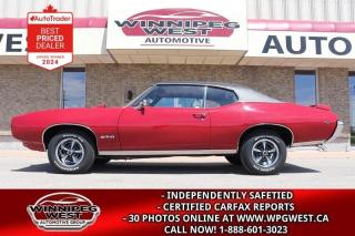 PRICE: $79,800 plus taxes/ WILL CONSIDER ALL TRADES 

1969 PONTIAC GTO -  REAL DEAL, NUMBER MATCH/VERY ORIGINAL SPEC & WELL DOCUMENTED CAR

MUST SEE,  BEAUTIFUL, REAL DEAL 1969 PONTIAC GTO COUPE WITH THE RARE HIDE-A-WAY HEADLIGHTS - THIS IS A SUPER RARE, REAL DEAL P.H.S. DOCUMENTED FACTORY GTO THAT IS NUMBER MATCHING AND HIGHLY FACTORY SPEC & ORGINAL CONDITION CAR. IT LOOKS  LIKE THE DAY IT ROLLED OFF THE SHOWROOM FLOOR IN 1969 AND WHILE NOT 100% PERFECT IS IS VERY CLEAN, VERY ORGINAL AND RUNS & DRIVES WELL. EVERYTHING APEARS TO WORK AS IT SHOULD INCLUDING THE FACTORY HOOD TACH!! EXCELLENT DRIVE AND SUNDAY SHOW CAR!!  

** THIS IS A PERFECT EXAMPLE OF ONE OF THE MOST SOUGHT AFTER,  RARE & STUNNING CLASSIC  MUSCLE CARS OF ITS GENERATION**. 

Pontiac first introduced the GTO as an optional package on its Tempest model in 1964. Credited with starting the Muscle Car rage, the GTO moved on the become its own model in 1965, with all major automakers quickly introducing a model to challenge its success. With an emphasis on street racing; the GTO was a clear front-runner among muscle cars. in 1968, Pontiac restyled the GTO, providing a more curvaceous body with semi fastback styling. New design features included horizontally aligned headlights, hidden wipers and optional hidden headlights. The 68 GTOs design was a significant departure from the models first-generation styling but was extremely well received. For the 1969 model year, small changes were made including a slight grill and taillight revision, rear side marker lamp changes, optional hide-a-way headlamps and the ignition key being moved to the steering column. 

This matching-numbers 1969 Pontiac GTO was purchased in St. Louis, MO, and has been well-maintained. Finished in its factory Matador Red color with a Black Cordova top over the Parchment Color interior. Its powered by its factory equipped 400ci V8 engine producing 350hp backed by a Turbo Hydramatic 3 speed automatic transmission. The original chassis and floors are rust-free and have never been replaced. This well-optioned GTO comes equipped with Safe-T-Track differential and power disc brakes. The exterior features a black Cordova top, hideaway headlights, Endura energy-absorbing front bumper, remote mirror, tinted glass, power decklid and a dealer-installed hood tachometer with spoiler. Some interior features include a center console, radio, visor mirror, clock and Rally gauges. Its riding on factory-installed Rally II wheels. It includes PHS paperwork and build information. This 69 would be a terrific additional to any collection.

The paint condition, Chrome and Glass are all exceptionally good, as is the rest of the car. The Car runs and drives out strong. We are proud to offer this 1969 GTO to the most astute collector, investor, or enthusiast. Classic cars have proven to be among the most resilient and rewarding investments in recent years and represents better than $$ in the bank and certainly a lot more fun. Ready to make an investment you can actually enjoy? Please contact one of our expert sales consultants for more information. They will be happy to give you a complete walk-around, supply you with a more detailed description, and answer any questions you may have. Buy with confidence.

Please call for more information or better yet make an appointment to see it in our heated, climate controlled  showroom where it is on display!! READY FOR SALE NOW.  Please see dealer for details. Trades accepted. View at Winnipeg West Automotive Group, 5195 Portage Ave. Dealer permit # 4365, Call now 1 (888) 601-3023. This Car is located in Winnipeg Manitoba however we can have it shipped anywhere in North America relatively inexpensively.

Our sports cars are now available for your viewing convenience in our heated off-site showroom, by appointment only. Please call Sales at 888-601-3023 in advance, to set up your private viewing. Please call 888-601-3023 for more information.