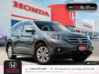 <p><strong>GREAT CR-V! IN EXCELLENT SHAPE! ONE PREVIOUS OWNER! CLEAN CARFAX!</strong> 2014 Honda CR-V EX featuring five speed automatic transmission, five passenger seating, power sunroof, rearview camera with dynamic guidelines, ECON mode button and Eco-Assist system, all weather floor mats, auto on/off headlights, fog lights, Bluetooth, AM/FM/CD stereo system with USB and auxiliary inputs, steering wheel mounted controls, cruise control, air conditioning, dual climate zones, heated front seats, 12 V power outlet, garage door, power mirrors, power locks, remote keyless entry, power liftgate, spacious cargo area, power windows, split fold rear seats, electronic stability control and anti-lock braking system. Contact Cambridge Centre Honda for special discounted finance rates, as low as 8.99%, on approved credit from Honda Financial Services.</p>

<p><span style=color:#ff0000><strong>FREE $25 GAS CARD WITH TEST DRIVE!</strong></span></p>

<p>Our philosophy is simple. We believe that buying and owning a car should be easy, enjoyable and transparent. Welcome to the Cambridge Centre Honda Family! Cambridge Centre Honda proudly serves customers from Cambridge, Kitchener, Waterloo, Brantford, Hamilton, Waterford, Brant, Woodstock, Paris, Branchton, Preston, Hespeler, Galt, Puslinch, Morriston, Roseville, Plattsville, New Hamburg, Baden, Tavistock, Stratford, Wellesley, St. Clements, St. Jacobs, Elmira, Breslau, Guelph, Fergus, Elora, Rockwood, Halton Hills, Georgetown, Milton and all across Ontario!</p>