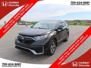 Recent Arrival!Crystal Black Pearl 2021 Honda CR-V LX AWD! FULL INSPECTION AND PRICED TO BE YOUR NEXT VE AWD CVT 1.5L I4 Turbocharged DOHC 16V LEV3-ULEV50 190hp*Professionally Detailed*, *Market Value Pricing*, AWD, 17 Aluminum Alloy Wheels, 4 Speakers, 4-Wheel Disc Brakes, ABS brakes, Adaptive Cruise Control: Adaptive Cruise Control (ACC) with Low-Speed Follow, Air Conditioning, AM/FM radio, Apple CarPlay/Android Auto, Auto High-beam Headlights, Automatic temperature control, Brake assist, Bumpers: body-colour, Delay-off headlights, Driver door bin, Driver vanity mirror, Dual front impact airbags, Dual front side impact airbags, Electronic Stability Control, Exterior Parking Camera Rear, Fabric Seating Surfaces, Forward collision: Collision Mitigation Braking System (CMBS) + FCW mitigation, Four wheel independent suspension, Front anti-roll bar, Front dual zone A/C, Front reading lights, Heated door mirrors, Heated Front Bucket Seats, Illuminated entry, Low tire pressure warning, Occupant sensing airbag, Outside temperature display, Overhead airbag, Overhead console, Panic alarm, Passenger door bin, Passenger vanity mirror, Power door mirrors, Power steering, Power windows, Radio data system, Radio: 160-Watt AM/FM Audio System, Rear anti-roll bar, Rear window defroster, Rear window wiper, Remote keyless entry, Security system, Speed control, Speed-sensing steering, Split folding rear seat, Spoiler, Steering wheel mounted audio controls, Tachometer, Telescoping steering wheel, Tilt steering wheel, Traction control, Trip computer.Honda Certified Details:* Exclusive finance rates on Certified Pre-Owned Honda models* 24 hours/day, 7 days/week* Vehicle history report. Access to MyHonda* Multipoint Inspection* 7 day/1,000 km exchange privilege whichever comes first* 7 year / 160,000 km Power Train Warranty whichever comes first. This is an additional 2 year/60,000 kms beyond the original factory Power Train warranty. Honda Certified Used Vehicles also have the option to upgrade to a Honda Plus Extended WarrantyFairway Honda - Community Driven!