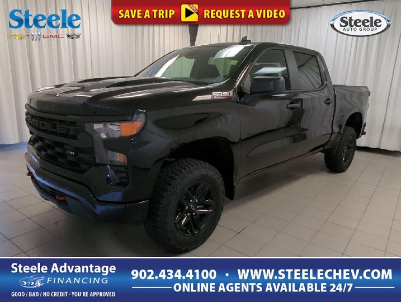 Up to any task, our 2024 Chevrolet Silverado 1500 Custom Trail Boss Crew Cab 4X4 is a smart bet for stylish capability in Black! Motivated by a 5.3 Litre V8 serving up 355hp to a 10 Speed Automatic transmission complemented by a 2-speed transfer case. This Four Wheel Drive SUV also elevates off-road performance with a 2-inch lift kit, Z71 suspension, an auto-locking rear differential, and hill descent control, and it returns approximately 11.8L/100km on the highway. Gloss-black alloy wheels, red recovery hooks, LED lighting, a trailer hitch, a power lock/release EZ Lift tailgate, and a 120V outlet enhance our Silverados exterior. You are going to love our Custom Trail Boss cabin that helps you escape it all in comfort. Highlights include supportive cloth seats, 10-way power for the driver, a tilt-adjustable steering wheel, single-zone climate control, remote start, keyless access/ignition, a rear defogger, and a second 120V outlet. First-class technologies like a 7-inch touchscreen, voice control, WiFi compatibility, wireless Apple CarPlay®, Android Auto®, Bluetooth®, and six-speaker audio lead the infotainment advantages. Chevrolet shows the way to safer trucking with automatic braking, lane-keeping assistance, pedestrian detection, forward collision warning, an HD rearview camera, and more. Its time to raise the bar with our remarkable Silverado Custom Trail Boss! Save this Page and Call for Availability. We Know You Will Enjoy Your Test Drive Towards Ownership! Metros Premier Credit Specialist Team Good/Bad/New Credit? Divorce? Self-Employed?