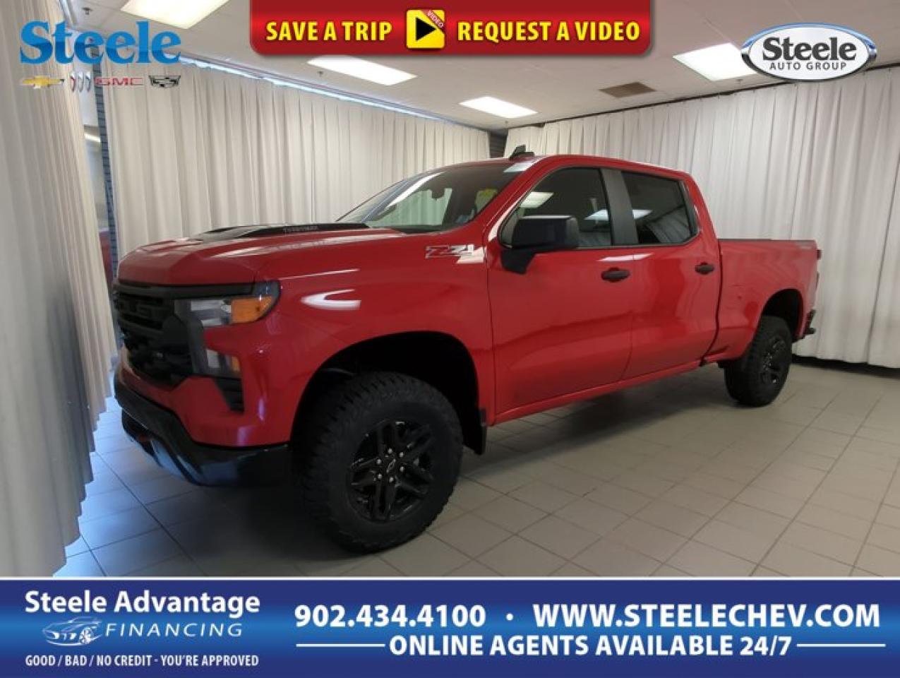 A bold choice, our 2024 Chevrolet Silverado 1500 Custom Trail Boss Crew Cab 4X4 is a smart bet for stylish capability in Red Hot! Motivated by a 2.7L TurboMax serving up 310hp to an 8 Speed Automatic transmission complemented by a 2-speed transfer case. This Four Wheel Drive SUV also elevates off-road performance with a 2-inch lift kit, Z71 suspension, an auto-locking rear differential, and hill descent control, and it returns approximately 11.2L/100km on the highway. Gloss-black alloy wheels, red recovery hooks, LED lighting, a trailer hitch, a Multi-Flex tailgate, and a 120V outlet enhance our Silverados exterior. Our Custom Trail Boss cabin helps you escape it all in comfort. Highlights include supportive cloth seats, 10-way power for the driver, a tilt-adjustable steering wheel, single-zone climate control, remote start, keyless access/ignition, a rear defogger, and a second 120V outlet. First-class technologies like a 7-inch touchscreen, voice control, WiFi compatibility, wireless Apple CarPlay®, Android Auto®, Bluetooth®, and six-speaker audio lead the infotainment advantages. Chevrolet shows the way to safer trucking with automatic braking, lane-keeping assistance, pedestrian detection, forward collision warning, an HD rearview camera, and more. Its time to raise the bar with our remarkable Silverado Custom Trail Boss! Save this Page and Call for Availability. We Know You Will Enjoy Your Test Drive Towards Ownership! Metros Premier Credit Specialist Team Good/Bad/New Credit? Divorce? Self-Employed?