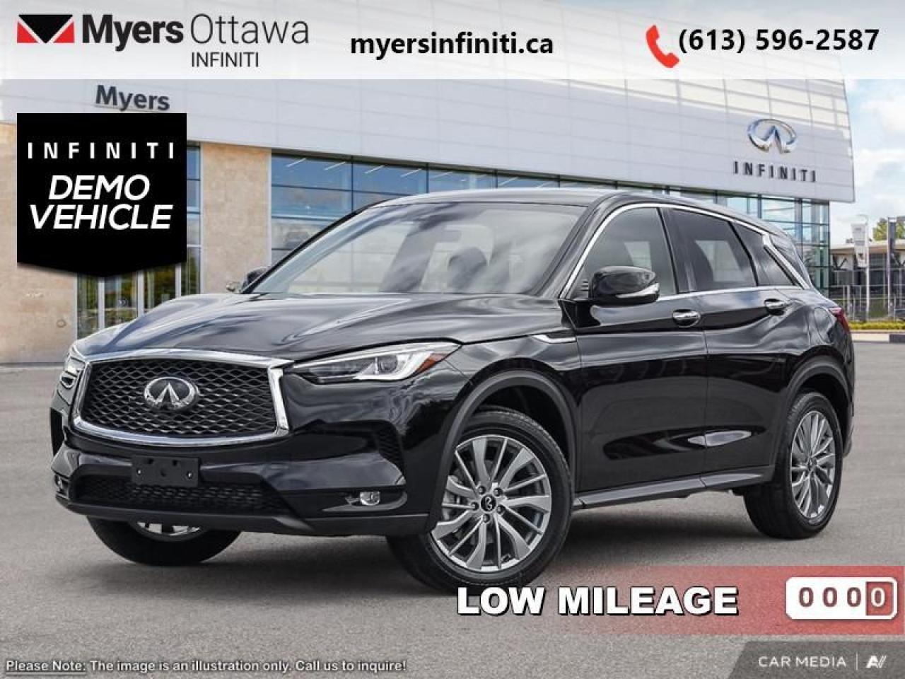 <b>Heated Seats,  Heated Steering Wheel,  Power Liftgate,  Wireless Charging Pad,  Wi-Fi Hotspot!</b><br> <br> <br> <br> SPECIAL! 2024 CLEARANCE! Was $55311. Now $45240! $10071 discount until May 31!  <br> <br/>  Sculpted lines, swooping curves and a wide, dynamic stance make this QX50 as fulfilling to look at as it is to drive. <br> <br>With stylish exterior looks and an upscale interior, this Infiniti QX50 rubs shoulders with the best luxury crossovers in the segment. Focusing on engaging on-road dynamics with dazzling styling, the QX50 is a fantastic option for those in pursuit of cutting-edge refinement. The interior exudes unpretentious luxury, with a suite of smart tech that ensures youre always connected and safe when on the road.<br> <br> This black obsidian SUV  has an automatic transmission and is powered by a  268HP 2.0L 4 Cylinder Engine.<br> <br> Our QX50s trim level is PURE. This QX50 rewards you with delightful standard features such as heated front seats with lumbar support, a heated steering wheel, adaptive cruise control, a wireless charging pad, a power liftgate for rear cargo access, and leatherette seating surfaces. Infotainment duties are handled by dual 8-inch and 7-inch touchscreens, with Apple CarPlay, Android Auto and SiriusXM. Safety features include blind spot detection, lane departure warning with lane keeping assist, front and rear collision mitigation, and rear parking sensors. This vehicle has been upgraded with the following features: Heated Seats,  Heated Steering Wheel,  Power Liftgate,  Wireless Charging Pad,  Wi-fi Hotspot,  Adaptive Cruise Control,  Lane Departure Warning.  This is a demonstrator vehicle driven by a member of our staff and has just 9395 kms.<br><br> <br>To apply right now for financing use this link : <a href=https://www.myersinfiniti.ca/finance/ target=_blank>https://www.myersinfiniti.ca/finance/</a><br><br> <br/> Weve discounted this vehicle $10071.<br> Buy this vehicle now for the lowest bi-weekly payment of <b>$386.66</b> with $0 down for 84 months @ 8.99% APR O.A.C. ( taxes included, $921  and licensing fees    ).  See dealer for details. <br> <br><br> Come by and check out our fleet of 30+ used cars and trucks and 70+ new cars and trucks for sale in Ottawa.  o~o