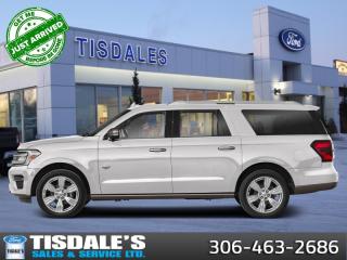 <b>Leather Seats,  Cooled Seats,  Heated Seats, Heavy-Duty Trailer Tow Package!</b><br> <br> <br> <br>Check out the large selection of new Fords at Tisdales today!<br> <br>  This 2024 Ford Expedition is spacious and offers desirable tech, while being refined and fun to drive. <br> <br>This Ford Expedition sets the benchmark for all other full-size SUVs in multiple categories. From its vast and comfortable interior to the excellent driving dynamics it delivers uncompromised towing capability, there isnt much this Expedition cant do. Power, style and plenty of space for passengers and cargo give the Ford Expedition its bold and imposing presence on the road. <br> <br> This star white platinum metallic tri-coat SUV  has an automatic transmission and is powered by a  380HP 3.5L V6 Cylinder Engine.<br> <br> Our Expeditions trim level is King Ranch Max. With even more interior room, this Expedition King Ranch Max has amazing comfort and entertainment features such as power running boards, ventilated and heated front captains chairs with Del Rio leather upholster, power adjustment, lumbar support and memory function, a heated leather steering wheel with auto tilt away, genuine wood and metal interior trim, a premium 22-speaker Bang & Olufsen audio system, power adjustable pedals, proximity keyless entry with remote start, and a whopping 15.5-inch infotainment screen powered by SYNC 4A, bundled with wireless Apple CarPlay and Android Auto, inbuilt navigation, mobile internet hotspot access, and SiriusXM streaming radio. You and yours are kept safe on the road thanks to adaptive cruise control, blind spot monitoring, pre-collision alert and automatic emergency braking, lane keeping assist with lane departure warning, front and rear parking sensors, front and rear collision mitigation, and an aerial view camera system. Additional features include class IV towing equipment with trailer sway control and a wiring harness, an express open/close sunroof with a power sunshade, a power tailgate for rear cargo access, LED lights with automatic high beams, dual-zone climate control with separate rear controls, four 12-volt DC and 120-volt AC power outlets, and even more. This vehicle has been upgraded with the following features: Leather Seats,  Cooled Seats,  Heated Seats, Heavy-duty Trailer Tow Package. <br><br> View the original window sticker for this vehicle with this url <b><a href=http://www.windowsticker.forddirect.com/windowsticker.pdf?vin=1FMJK1P80REA72683 target=_blank>http://www.windowsticker.forddirect.com/windowsticker.pdf?vin=1FMJK1P80REA72683</a></b>.<br> <br>To apply right now for financing use this link : <a href=http://www.tisdales.com/shopping-tools/apply-for-credit.html target=_blank>http://www.tisdales.com/shopping-tools/apply-for-credit.html</a><br><br> <br/> See dealer for details. <br> <br>Tisdales is not your standard dealership. Sales consultants are available to discuss what vehicle would best suit the customer and their lifestyle, and if a certain vehicle isnt readily available on the lot, one will be brought in.<br> Come by and check out our fleet of 20+ used cars and trucks and 70+ new cars and trucks for sale in Kindersley.  o~o