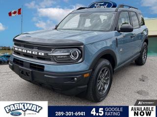 Blue 2022 Ford Bronco Sport Big Bend 4D Sport Utility 1.5L EcoBoost 8-Speed Automatic 4WD 3.80 Axle Ratio, Air Conditioning, Alloy wheels, AM/FM radio: SiriusXM, AM/FM Stereo, Auto High-beam Headlights, Block heater, Convenience Package, Delay-off headlights, Evasive Steering Assist, Ford Co-Pilot360 Assist++, Front Driver/Passenger Seat Back Zipper Pockets, Fully automatic headlights, Heated front seats, Intelligent Access (Lock/Unlock), Intelligent Adaptive Cruise Control w/Stop & Go, Leather-Wrapped Steering Wheel, LED Fog Lamps, Passenger door bin, Power steering, Power windows, Rain sensing wipers, Rear Parking Sensors, Rear window defroster, Remote keyless entry, Roof rack: rails only, Rubberized 2nd Row Seat Backs, SiriusXM Radio, Steering wheel mounted audio controls, SYNC 3 Communications & Entertainment System, Telescoping steering wheel, Tilt steering wheel, Universal Garage Door Opener (UGDO), Variably intermittent wipers, Voice-Activated Touchscreen Navigation System, Wireless Charging Pad.