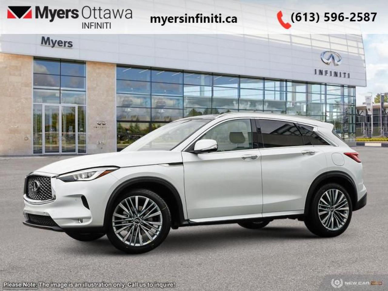 <b>HUD,  Sunroof,  Navigation,  Premium Audio,  360 Camera!</b><br> <br> <br> <br>  With luxury reimagined and style reinvented, this 2024 Infiniti QX50 is refined for those who demand more. <br> <br>With stylish exterior looks and an upscale interior, this Infiniti QX50 rubs shoulders with the best luxury crossovers in the segment. Focusing on engaging on-road dynamics with dazzling styling, the QX50 is a fantastic option for those in pursuit of cutting-edge refinement. The interior exudes unpretentious luxury, with a suite of smart tech that ensures youre always connected and safe when on the road.<br> <br> This radiant white SUV  has an automatic transmission and is powered by a  268HP 2.0L 4 Cylinder Engine.<br> <br> Our QX50s trim level is Sensory. This QX50 Sensory steps things up with a drivers heads up display, a dual-panel sunroof, inbuilt navigation, a 12-speaker Bose audio system, and a 360-camera system. Other standard features include semi-aniline leather-trimmed ventilated and heated front seats with lumbar support, a heated steering wheel, adaptive cruise control, a wireless charging pad, a power liftgate for rear cargo access, and leatherette seating surfaces. Infotainment duties are handled by dual 8-inch and 7-inch touchscreens, with Apple CarPlay, Android Auto and SiriusXM. Safety features include blind spot detection, lane departure warning with lane keeping assist, front and rear collision mitigation, and rear parking sensors. This vehicle has been upgraded with the following features: Hud,  Sunroof,  Navigation,  Premium Audio,  360 Camera,  Cooled Seats,  Heated Steering Wheel. <br><br> <br>To apply right now for financing use this link : <a href=https://www.myersinfiniti.ca/finance/ target=_blank>https://www.myersinfiniti.ca/finance/</a><br><br> <br/><br> Buy this vehicle now for the lowest bi-weekly payment of <b>$544.54</b> with $0 down for 84 months @ 8.99% APR O.A.C. ( taxes included, $921  and licensing fees    ).  See dealer for details. <br> <br><br> Come by and check out our fleet of 30+ used cars and trucks and 60+ new cars and trucks for sale in Ottawa.  o~o