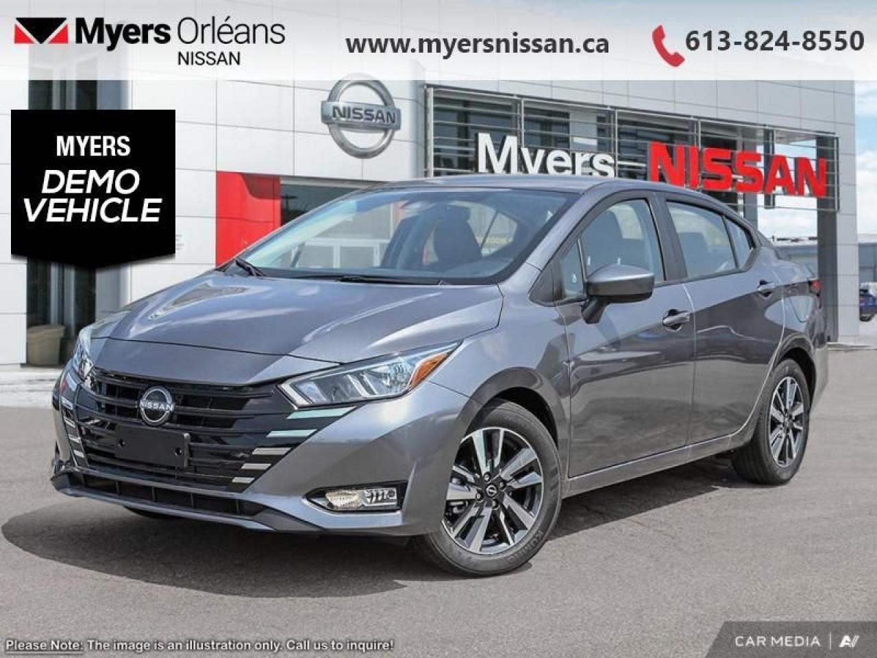 <b>Heated Seats,  Apple CarPlay,  Android Auto,  Remote Start,  Blind Spot Detection!</b><br> <br> <br> <br>$650 DISCOUNT ! EXECUTIVE DEMO !!<br> <br>The Nissan Versa stays true to the core mandate of providing a value-packed yet competent urban commuter. The updated looks and smooth handling with class-leading efficiency are few of the delightful characteristics that make this subcompact sedan a top pick. The interior is also loaded with great tech and safety features that ensure a blissful and hassle-free commute every time, in all conditions.<br> <br> This gun metallic sedan  has an automatic transmission and is powered by a  122HP 1.6L 4 Cylinder Engine.<br> <br> Our Versas trim level is SV. This Versa SV steps things up with Apple CarPlay, Android Auto, machined alloy wheels, heated front seats, remote start and blind spot detection, and also comes standard with great features such as front fog lamps, remote keyless entry, cruise control with steering wheel controls, air conditioning, a 7-inch touchscreen display with Bluetooth hands-free, audio streaming, AM/FM radio, Siri Eyes Free, and Google Assistant voice recognition. Safety features include intelligent emergency braking, lane departure warning, front and rear collision mitigation, and a rearview camera. This vehicle has been upgraded with the following features: Heated Seats,  Apple Carplay,  Android Auto,  Remote Start,  Blind Spot Detection,  Lane Departure Warning,  Forward Collision Alert.  This is a demonstrator vehicle driven by a member of our staff, so we can offer a great deal on it.<br><br> <br/> Total  cash rebate of $500 is reflected in the price. $500 manufacturer rebate is applied to the price. $500 rebate may not be applicable to all types of deals (cash, lease, or finance). Some conditions may apply. See dealer for full details.  5.49% financing for 84 months. <br> Payments from <b>$365.24</b> monthly with $0 down for 84 months @ 5.49% APR O.A.C. ( Plus applicable taxes -  $621 Administration fee included. Licensing not included.    ).  Incentives expire 2025-03-31.  See dealer for details. <br> <br>We are proud to regularly serve our clients and ready to help you find the right car that fits your needs, your wants, and your budget.And, of course, were always happy to answer any of your questions.Proudly supporting Ottawa, Orleans, Vanier, Barrhaven, Kanata, Nepean, Stittsville, Carp, Dunrobin, Kemptville, Westboro, Cumberland, Rockland, Embrun , Casselman , Limoges, Crysler and beyond! Call us at (613) 824-8550 or use the Get More Info button for more information. Please see dealer for details. The vehicle may not be exactly as shown. The selling price includes all fees, licensing & taxes are extra. OMVIC licensed.Find out why Myers Orleans Nissan is Ottawas number one rated Nissan dealership for customer satisfaction! We take pride in offering our clients exceptional bilingual customer service throughout our sales, service and parts departments. Located just off highway 174 at the Jean DÀrc exit, in the Orleans Auto Mall, we have a huge selection of New vehicles and our professional team will help you find the Nissan that fits both your lifestyle and budget. And if we dont have it here, we will find it or you! Visit or call us today.<br> Come by and check out our fleet of 20+ used cars and trucks and 100+ new cars and trucks for sale in Orleans.  o~o