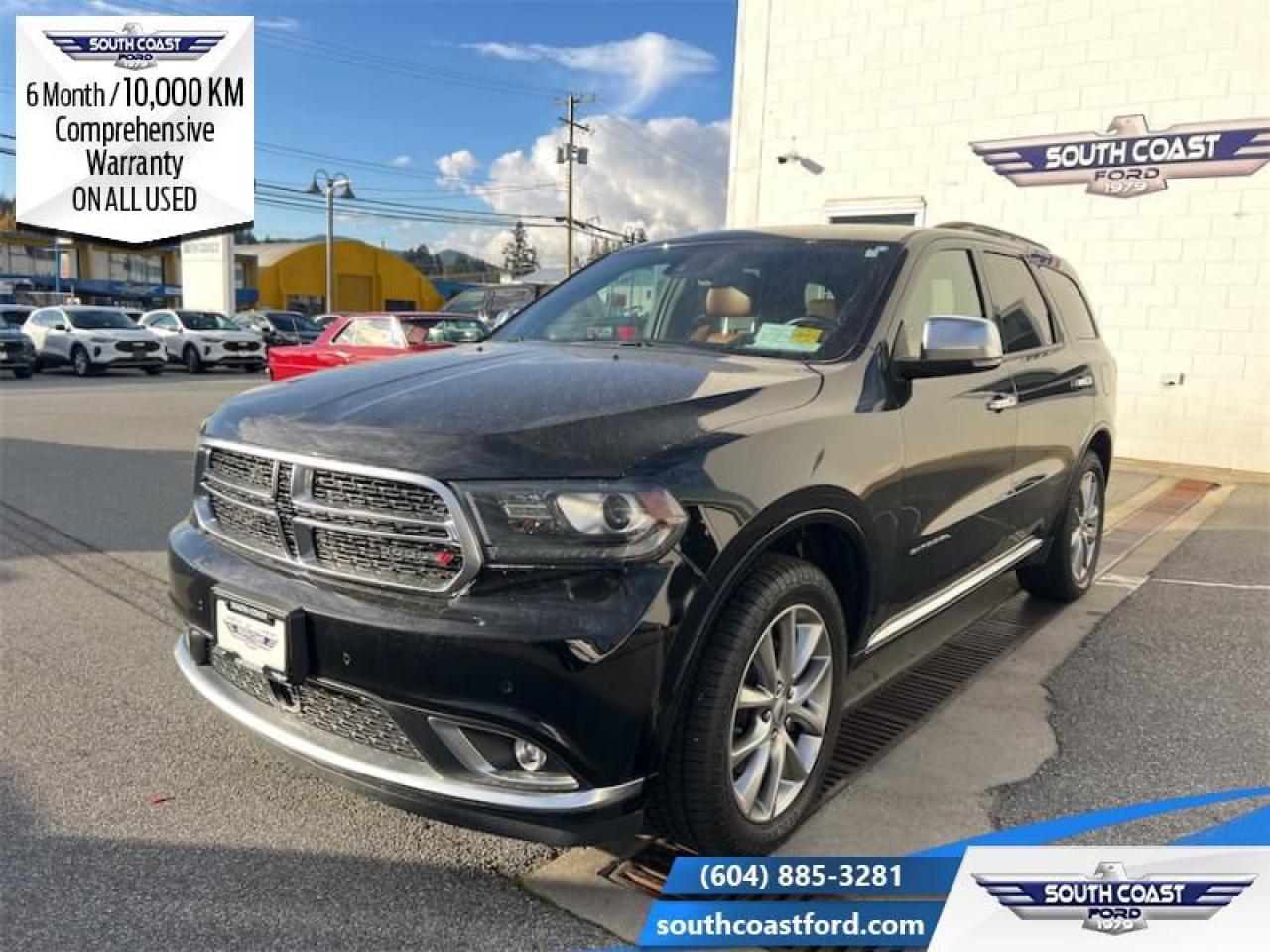 <b>SEPIA/BLACK,  NAPPA LEATHER-FACED BUCKET SEATS, Technology Group, Rear Entertainment, Premium Audio!</b><br> <br> <p style=color:Blue;><b>Upgrade your ride at South Coast Ford with peace of mind! Our used vehicles come with a minimum of 10,000 km and 6 months of Comprehensive Vehicle Warranty. Drive with confidence knowing your investment is protected.</b></p><br> <br> Compare at $44990 - Our Price is just $41887! <br> <br>   For an authentic Dodge SUV experience in a package that can keep your whole family safe and comfortable, look no further than the Dodge Durango. This  2020 Dodge Durango is for sale today in Sechelt. <br> <br>Filled with impressive standard features, this 2020 Dodge Durango is a surprising, adventurous ride. Versatile as they come, you can manage any road you find in comfort and style, while effortlessly leading the pack in this Dodge Durango. For a capable, impressive, and versatile family SUV that can still climb mountains, this Dodge Durango is ready for your familys next big adventure.This  SUV has 60,863 kms. Its  db black in colour  and is completely accident free based on the <a href=https://vhr.carfax.ca/?id=Seizdn/BCUkbOP5g6ojwM0P+n9YVs8O0 target=_blank>CARFAX Report</a> . It has a 8 speed automatic transmission and is powered by a  360HP 5.7L 8 Cylinder Engine.  It may have some remaining factory warranty, please check with dealer for details. <br> <br> Our Durangos trim level is Citadel. This amazing Citadel is built for luxury. With chrome exterior accents, Nappa leather seats that are heated in the front and 2nd rows and also has a power driver seat! Youll also get a heated leather steering wheel with audio and cruise controls, full color digital instrument cluster, 3rd row seating with remote folding headrests, a proximity key with push button start, Uconnect4, navigation, a 7 inch touchscreen, Apple CarPlay, Android Auto, Bluetooth, SiriusXM, a premium Alpine sound system, a 115 volt power outlet, all wheel drive, fog lights, larger aluminum wheels, rear parking assistance, remote engine start and ready alert braking. This vehicle has been upgraded with the following features: Sepia/black,  Nappa Leather-faced Bucket Seats, Technology Group, Rear Entertainment, Premium Audio, Blind-spot/rear Cross-path Detection. <br> To view the original window sticker for this vehicle view this <a href=http://www.chrysler.com/hostd/windowsticker/getWindowStickerPdf.do?vin=1C4SDJET0LC100348 target=_blank>http://www.chrysler.com/hostd/windowsticker/getWindowStickerPdf.do?vin=1C4SDJET0LC100348</a>. <br/><br> <br>To apply right now for financing use this link : <a href=https://www.southcoastford.com/financing/ target=_blank>https://www.southcoastford.com/financing/</a><br><br> <br/><br> Buy this vehicle now for the lowest bi-weekly payment of <b>$286.75</b> with $0 down for 96 months @ 8.99% APR O.A.C. ( Plus applicable taxes -  $595 Administration Fee included    / Total Obligation of $59644  ).  See dealer for details. <br> <br>Call South Coast Ford Sales or come visit us in person. Were convenient to Sechelt, BC and located at 5606 Wharf Avenue. and look forward to helping you with your automotive needs.<br><br> Come by and check out our fleet of 30+ used cars and trucks and 70+ new cars and trucks for sale in Sechelt.  o~o