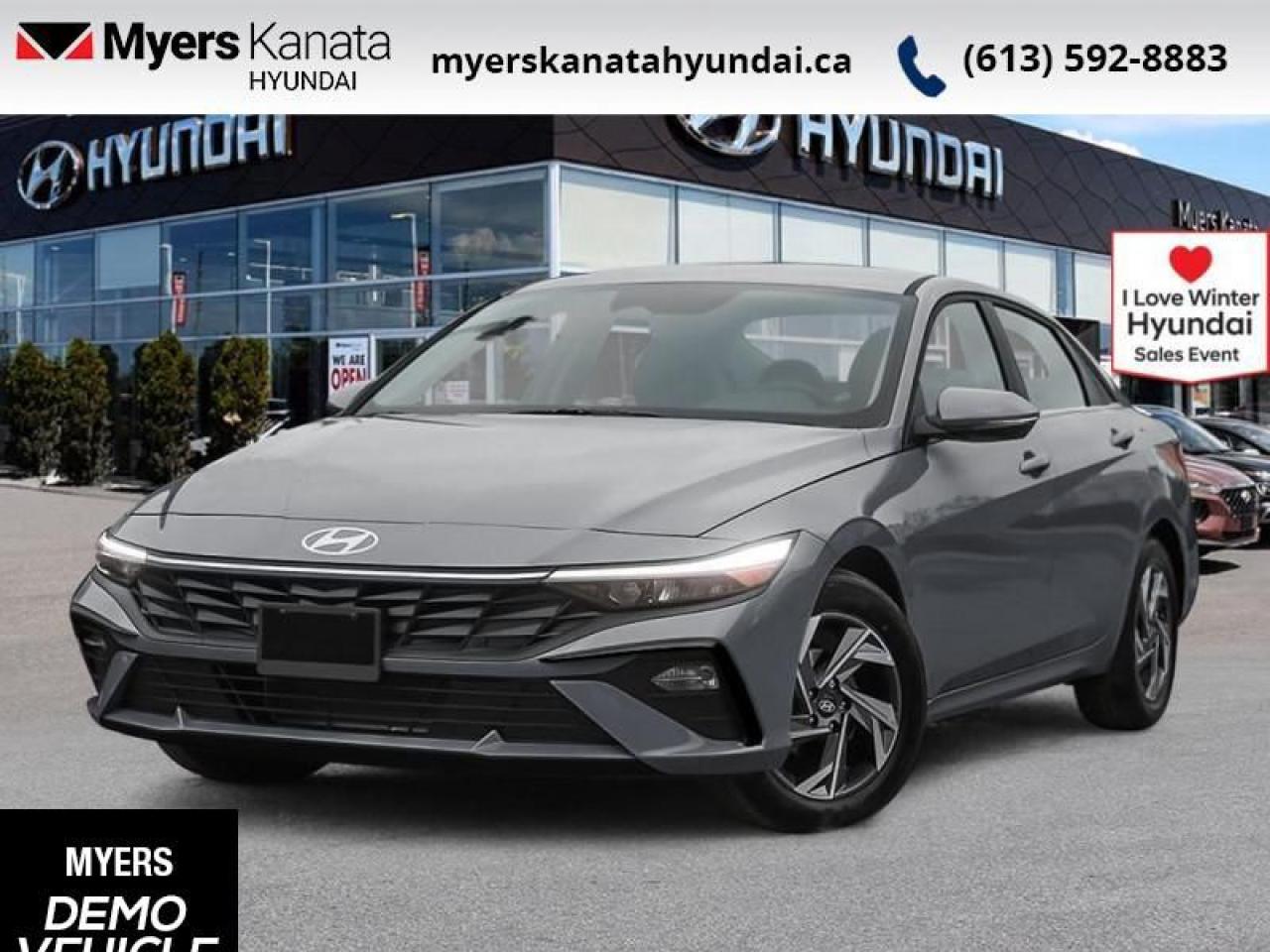 <b>Leather Seats,  Sunroof,  Premium Audio,  Wi-Fi,  Heated Steering Wheel!</b><br> <br> <br> <br>  This forward thinking Elantra is bringing back the family sedan segment with stunning style. <br> <br>This 2024 Elantra was made to be the sharpest compact sedan on the road. With tons of technology packed into the spacious and comfortable interior, along with bold and edgy styling inside and out, this family sedan makes the unexpected your daily driver. <br> <br> This amazon gry sedan  has an automatic transmission and is powered by a  147HP 2.0L 4 Cylinder Engine.<br> <br> Our Elantras trim level is Luxury IVT. This Elantra Luxury takes infotainment and luxury to new levels with tech features like the Bose Premium Audio System, Blue Link wi-fi, and even more surprises while style and comfort features like leather seats, a sunroof, and chrome trim make your cabin a sanctuary. This Elantra is also equipped with an advanced safety suite including lane keep assist, forward and rear collision assist, driver monitoring, blind spot assist, and automatic high beams. The incredible feature list continues with heated power seats for comfort while voice activated, touch screen infotainment including wireless connectivity with Android Auto, Apple CarPlay, and Bluetooth keeps you connected. Aluminum wheels and gorgeous styling make sure you stand out in a crowd while heated power side mirrors, proximity keyless entry with hands free cargo access, and a rear view camera make every day easier. This vehicle has been upgraded with the following features: Leather Seats,  Sunroof,  Premium Audio,  Wi-fi,  Heated Steering Wheel,  Lane Keep Assist,  Heated Seats.  This is a demonstrator vehicle driven by a member of our staff, so we can offer a great deal on it.<br><br> <br>To apply right now for financing use this link : <a href=https://www.myerskanatahyundai.com/finance/ target=_blank>https://www.myerskanatahyundai.com/finance/</a><br><br> <br/>    This vehicle may qualify for $500 Military Program Bonus. Eligible customers may qualify for the Hyundai 0.50% Loyalty Finance Rate Reduction - certain restrictions may apply. 5.79% financing for 96 months. <br> Buy this vehicle now for the lowest weekly payment of <b>$107.56</b> with $0 down for 96 months @ 5.79% APR O.A.C. ( Plus applicable taxes -  $2596 and licensing fees    ).  Incentives expire 2025-01-02.  See dealer for details. <br> <br>This vehicle is located at Myers Kanata Hyundai 400-2500 Palladium Dr Kanata, Ontario. <br><br> Come by and check out our fleet of 20+ used cars and trucks and 60+ new cars and trucks for sale in Kanata.  o~o