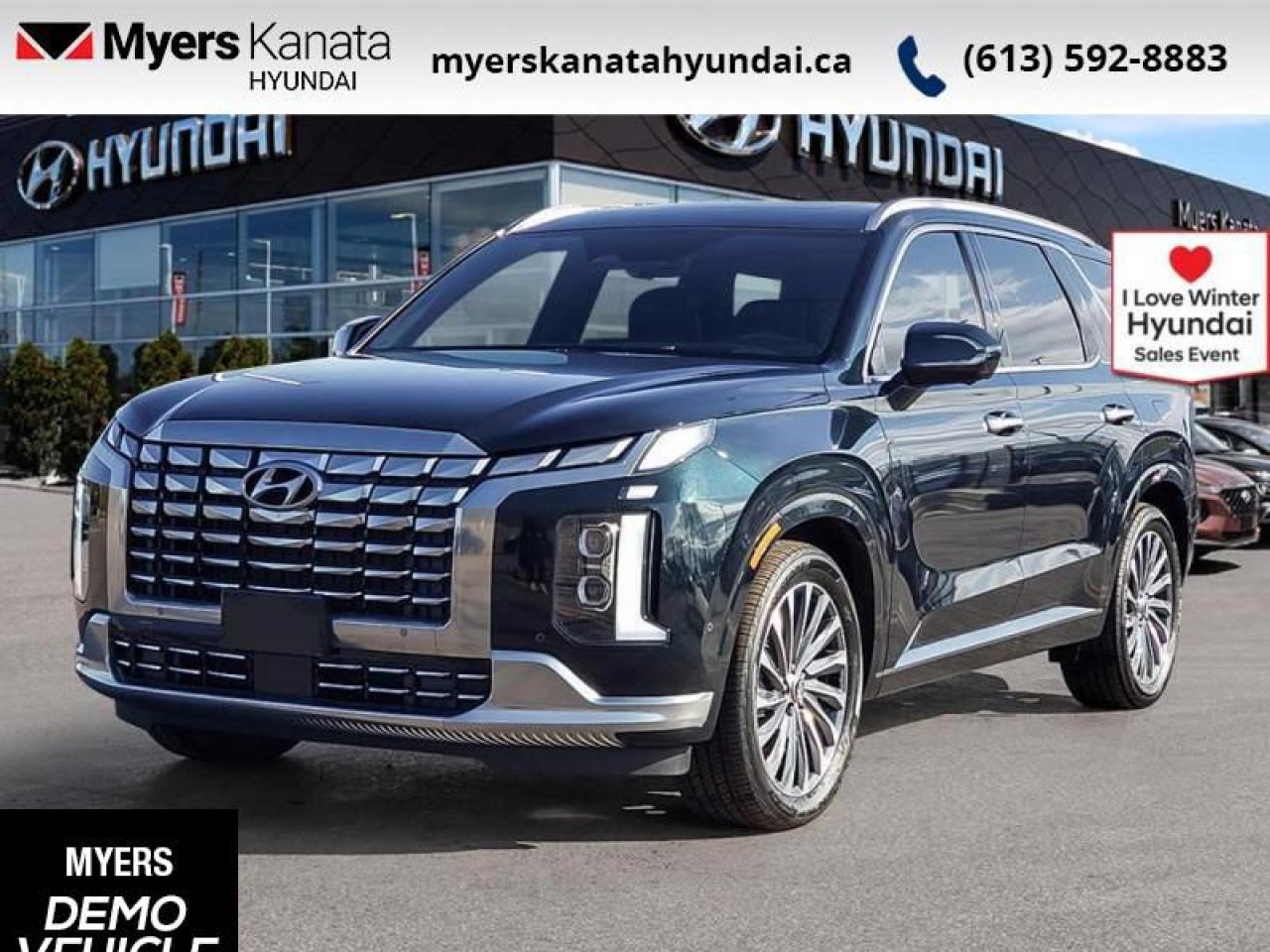 <b>Heads Up Display,  Cooled Seats,  Sunroof,  Leather Seats,  Premium Audio!</b><br> <br> <br> <br>  Filling a huge gap in the Hyundai line-up is only one reason Hyundai brought you this 3 row SUV Palisade. <br> <br>Big enough for your busy and active family, this Hyundai Palisade returns for 2025, and is good as ever. With a features list that would fit in with the luxury SUV segment attached to a family friendly interior, this Palisade was made to take the SUV segment by storm. For the next classic SUV people are sure to talk about for years, look no further than this Hyundai Palisade. <br> <br> This robust emerald SUV  has an automatic transmission and is powered by a  291HP 3.8L V6 Cylinder Engine.<br> <br> Our Palisades trim level is Ultimate Calligraphy Night 7-Passenger. With luxury features like a heads up display, a two row sunroof, and heated and cooled Nappa leather seats, this Palisade Ultimate Calligraphy proves family friendly does not have to be boring for adults. This trim also adds navigation, a 12 speaker Harman Kardon premium audio system, a power liftgate, remote start, and a 360 degree parking camera. This amazing SUV keeps you connected on the go with touchscreen infotainment including wireless Android Auto, Apple CarPlay, wi-fi, and a Bluetooth hands free phone system. A heated steering wheel, memory settings, proximity keyless entry, and automatic high beams provide amazing luxury and convenience. This family friendly SUV helps keep you and your passengers safe with lane keep assist, forward collision avoidance, distance pacing cruise with stop and go, parking distance warning, blind spot assistance, and driver attention monitoring. This vehicle has been upgraded with the following features: Heads Up Display,  Cooled Seats,  Sunroof,  Leather Seats,  Premium Audio,  Power Liftgate,  Remote Start.  This is a demonstrator vehicle driven by a member of our staff, so we can offer a great deal on it.<br><br> <br>To apply right now for financing use this link : <a href=https://www.myerskanatahyundai.com/finance/ target=_blank>https://www.myerskanatahyundai.com/finance/</a><br><br> <br/>    This vehicle may qualify for $500 Military Program Bonus. Eligible customers may qualify for the Hyundai 0.50% Loyalty Finance Rate Reduction - certain restrictions may apply. 5.79% financing for 96 months. <br> Buy this vehicle now for the lowest weekly payment of <b>$206.04</b> with $0 down for 96 months @ 5.79% APR O.A.C. ( Plus applicable taxes -  $2596 and licensing fees    ).  Incentives expire 2025-01-02.  See dealer for details. <br> <br>This vehicle is located at Myers Kanata Hyundai 400-2500 Palladium Dr Kanata, Ontario. <br><br> Come by and check out our fleet of 20+ used cars and trucks and 60+ new cars and trucks for sale in Kanata.  o~o