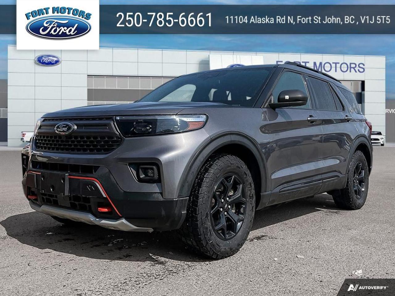 <b>Navigation,  Wireless Charging,  Limited Slip Differential,  Remote Start,  Lane Keep Assist!</b><br> <br>  Compare at $44715 - Our Price is just $42995! <br> <br>   This Explorer was built to do more than just get groceries, with all-new technologies, this SUV was built for adventure. This  2022 Ford Explorer is for sale today in Fort St John. <br> <br>This Ford Explorer is the ultimate exploration vehicle with plenty of style and space for all of your passengers and cargo. It has the hauling capabilities of a midsize SUV combined with strong off-road capabilities. Whether your next family adventure is to the grocery store or over a high mountain pass, the Ford Explorer was built to get you there with ease.This  SUV has 106,570 kms. Its  grey in colour  . It has a 10 speed automatic transmission and is powered by a  300HP 2.3L 4 Cylinder Engine.  <br> <br> Our Explorers trim level is Timberline. The rugged exterior styling of this Explorer Timberline Edition offers improved ground clearance and underbody skid plates that provide the perfect foundation to take on any adventure. It also includes exclusive black aluminum wheels, unique exterior styling, durable ActiveX seats that are heated and powered in the front, a large touch screen featuring SYNC 3, navigation, Apple CarPlay and Android Auto, streaming audio and wireless device charging. Additional features include a leather heated steering wheel, distance pacing cruise control, FordPass Connect 4G hotspot, remote engine start, Ford Co-Pilot360 with a 360 surround view camera, lane keep assist and departure warning, automatic emergency braking, evasion assist, blind spot detection, off road lights and much more. This vehicle has been upgraded with the following features: Navigation,  Wireless Charging,  Limited Slip Differential,  Remote Start,  Lane Keep Assist,  Heated Steering Wheel,  Power Liftgate. <br> To view the original window sticker for this vehicle view this <a href=http://www.windowsticker.forddirect.com/windowsticker.pdf?vin=1FMSK8JH0NGA66516 target=_blank>http://www.windowsticker.forddirect.com/windowsticker.pdf?vin=1FMSK8JH0NGA66516</a>. <br/><br> <br>To apply right now for financing use this link : <a href=https://www.fortmotors.ca/free-credit-check/ target=_blank>https://www.fortmotors.ca/free-credit-check/</a><br><br> <br/><br><br> Come by and check out our fleet of 30+ used cars and trucks and 220+ new cars and trucks for sale in Fort St John.  o~o