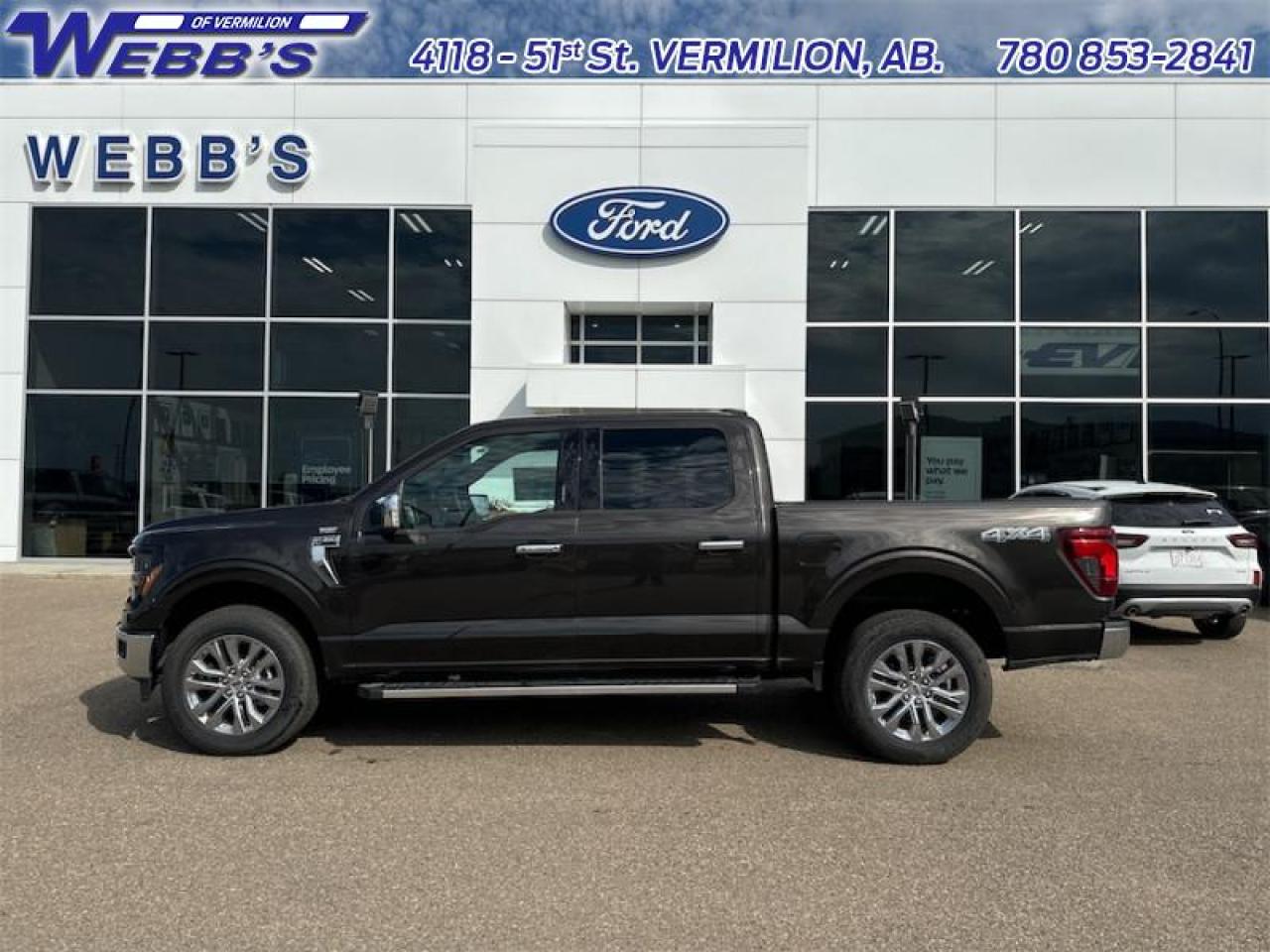 <b>Premium Audio, Wireless Charging, Tow Package, 20 inch Chrome Wheels, Tailgate Step!</b><br> <br> <br> <br>  Thia 2024 F-150 is a truck that perfectly fits your needs for work, play, or even both. <br> <br>Just as you mould, strengthen and adapt to fit your lifestyle, the truck you own should do the same. The Ford F-150 puts productivity, practicality and reliability at the forefront, with a host of convenience and tech features as well as rock-solid build quality, ensuring that all of your day-to-day activities are a breeze. Theres one for the working warrior, the long hauler and the fanatic. No matter who you are and what you do with your truck, F-150 doesnt miss.<br> <br> This darkened bronze metallic Crew Cab 4X4 pickup   has a 10 speed automatic transmission and is powered by a  400HP 3.5L V6 Cylinder Engine.<br> <br> Our F-150s trim level is XLT. This XLT trim steps things up with running boards, dual-zone climate control and a 360 camera system, along with great standard features such as class IV tow equipment with trailer sway control, remote keyless entry, cargo box lighting, and a 12-inch infotainment screen powered by SYNC 4 featuring voice-activated navigation, SiriusXM satellite radio, Apple CarPlay, Android Auto and FordPass Connect 5G internet hotspot. Safety features also include blind spot detection, lane keep assist with lane departure warning, front and rear collision mitigation and automatic emergency braking. This vehicle has been upgraded with the following features: Premium Audio, Wireless Charging, Tow Package, 20 Inch Chrome Wheels, Tailgate Step, Power Sliding Rear Window, Power Folding Mirrors. <br><br> View the original window sticker for this vehicle with this url <b><a href=http://www.windowsticker.forddirect.com/windowsticker.pdf?vin=1FTFW3L87RFA06643 target=_blank>http://www.windowsticker.forddirect.com/windowsticker.pdf?vin=1FTFW3L87RFA06643</a></b>.<br> <br>To apply right now for financing use this link : <a href=https://www.webbsford.com/financing/ target=_blank>https://www.webbsford.com/financing/</a><br><br> <br/> Total  cash rebate of $8000 is reflected in the price. Credit includes $8,000 Delivery Allowance.  5.99% financing for 84 months. <br> Buy this vehicle now for the lowest bi-weekly payment of <b>$503.95</b> with $0 down for 84 months @ 5.99% APR O.A.C. ( taxes included, $149 documentation fee   / Total cost of borrowing $16870   ).  Incentives expire 2024-12-02.  See dealer for details. <br> <br>Webbs Ford is located at 4118 - 51st Street in beautiful Vermilion, AB. <br/>We offer superior sales and service for our valued customers and are committed to serving our friends and clients with the best services possible. If you are looking to set up a test drive in one of our new Fords or looking to inquire about financing options, please call (780) 853-2841 and speak to one of our professional staff members today.   Vehicle pricing offer shown expire 2024-11-30.  o~o