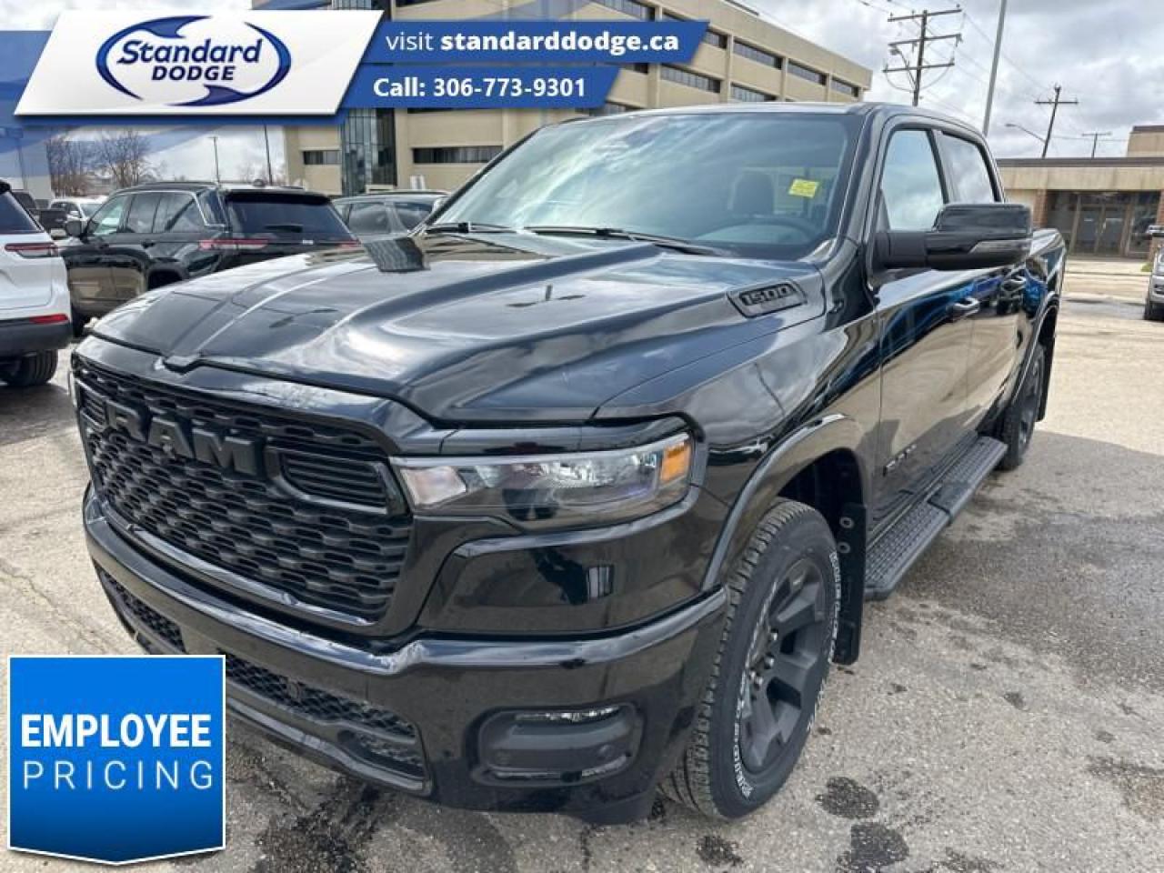 <b>Night Edition, Running Boards !</b><br> <br> <br> <br>  Make light work of tough jobs in this 2025 Ram 1500, with exceptional towing, torque and payload capability. Includes 4 x Gatorback Mud Flaps!<br> <br> This diamond black crystal pearlcoat Crew Cab 4X4 pickup   has a 8 speed automatic transmission and is powered by a  420HP 3.0L Straight 6 Cylinder Engine.<br> <br> Our 1500s trim level is Big Horn. This Ram 1500 Big Horn steps things up with aluminum wheels, front fog lamps,  and other standard features such as class IV towing equipment, heated exterior power mirrors, mobile hotspot internet access, adaptive cruise control and remote engine start. Safety features also include ParkSense front and rear parking sensors, lane keeping assist with lane departure warning, blind spot detection, and collision mitigation. This vehicle has been upgraded with the following features: Night Edition, Running Boards . <br><br> View the original window sticker for this vehicle with this url <b><a href=http://www.chrysler.com/hostd/windowsticker/getWindowStickerPdf.do?vin=1C6SRFFP5SN549227 target=_blank>http://www.chrysler.com/hostd/windowsticker/getWindowStickerPdf.do?vin=1C6SRFFP5SN549227</a></b>.<br> <br>To apply right now for financing use this link : <a href=https://standarddodge.ca/financing target=_blank>https://standarddodge.ca/financing</a><br><br> <br/><br>* Visit Us Today *Youve earned this - stop by Standard Chrysler Dodge Jeep Ram located at 208 Cheadle St W., Swift Current, SK S9H0B5 to make this car yours today! <br> Pricing may not reflect additional accessories that have been added to the advertised vehicle<br><br> Come by and check out our fleet of 20+ used cars and trucks and 50+ new cars and trucks for sale in Swift Current.  o~o