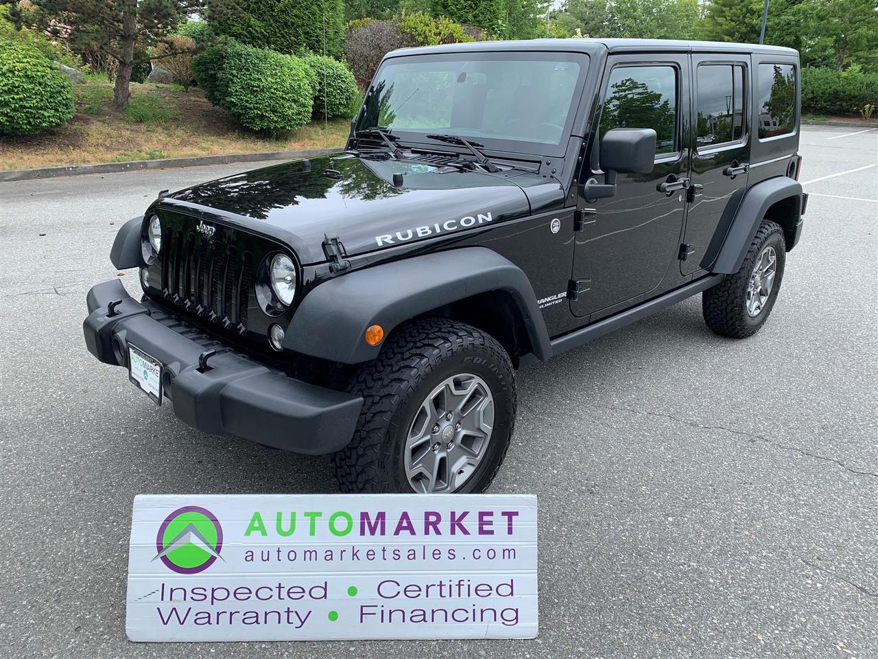 LOCAL ONE OWNER AND NO ACCIDENT DECLARATIONS. LOADED RUBICON WITH ALL OPTIONS. GREAT FINANCING, FREE WARRANTY, FULLY INSPECTED W/BCAA MEMBERSHIP!<br /><br />Welcome to the Automarket, your community Dealership of "YES". We are featuring a spectular condition Rubicon Unlimited with Automatic Transmission, 4x4, Heated Leather and all of the Power Options.<br /><br />This is a Local One owner Jeep with NO accident declarations and a clean Carfax. The vehicle was fully inspected at Jim Pattison Jeep in North Surrey and we know that apart from having a full pass on everything, the Tires are 95% New, the front and rear brakes are brand new and fully serviced the calipers, the Oil has been changed, the Radiator has been replaced and Coolant fluid is brand new and the thermostat has been replaced and replaced with new coolant, the front differential has been fully serviced with new fluid. We have also completely detailed the vehicle for your safety and enjoyment.<br /><br />2 LOCATIONS TO SERVE YOU, BE SURE TO CALL FIRST TO CONFIRM WHERE THE VEHICLE IS PARKED<br />WHITE ROCK 604-542-4970 LANGLEY 604-533-1310 OWNER'S CELL 604-649-0565<br /><br />We are a family owned and operated business since 1983 and we are committed to offering outstanding vehicles backed by exceptional customer service, now and in the future.<br />What ever your specific needs may be, we will custom tailor your purchase exactly how you want or need it to be. All you have to do is give us a call and we will happily walk you through all the steps with no stress and no pressure.<br />WE ARE THE HOUSE OF YES?<br />ADDITIONAL BENFITS WHEN BUYING FROM SK AUTOMARKET:<br />ON SITE FINANCING THROUGH OUR 17 AFFILIATED BANKS AND VEHICLE FINANCE COMPANIES<br />IN HOUSE LEASE TO OWN PROGRAM.<br />EVRY VEHICLE HAS UNDERGONE A 120 POINT COMPREHENSIVE INSPECTION<br />EVERY PURCHASE INCLUDES A FREE POWERTRAIN WARRANTY<br />EVERY VEHICLE INCLUDES A CARFAX AND ICBC DAMAGE REPORT<br />EVERY VEHICLE IS GUARANTEED LIEN FREE<br />DISCOUNTED RATES ON PARTS AND SERVICE FOR YOUR NEW CAR AND ANY OTHER FAMILY CARS THAT NEED WORK NOW AND IN THE FUTURE.<br />36 YEARS IN THE VEHICLE SALES INDUSTRY<br />A+++ MEMBER OF THE BETTER BUSINESS BUREAU<br />RATED TOP DEALER BY CARGURUS 2 YEARS IN A ROW<br />MEMBER IN GOOD STANDING WITH THE VEHICLE SALES AUTHORITY OF BRITISH COLUMBIA<br />MEMBER OF THE AUTOMOTIVE RETAILERS ASSOCIATION<br />COMMITTED CONTRIBUTER TO OUR LOCAL COMMUNITY AND THE RESIDENTS OF BC<br /><br /> This vehicle has been Fully Inspected, Certified and Qualifies for Our Free Extended Warranty.Don't forget to ask about our Great Finance and Lease Rates. We also have a Options for Buy Here Pay Here and Lease to Own for Good Customers in Bad Situations. 2 locations to help you, White Rock and Langley. Be sure to call before you come to confirm the vehicles location and availability or look us up at www.automarketsales.com. White Rock 604-542-4970 and Langley 604-533-1310. Serving Surrey, Delta, Langley, Richmond, Vancouver, all of BC and western Canada. Financing & leasing available. CALL SK AUTOMARKET LTD. 6045424970. Call us toll-free at 1 877 813-6807. $999 Documentation fee (negotiable) and applicable taxes are in addition to advertised prices. LANGLEY LOCATION DEALER# 40038 S. SURREY LOCATION DEALER #9987<br />
