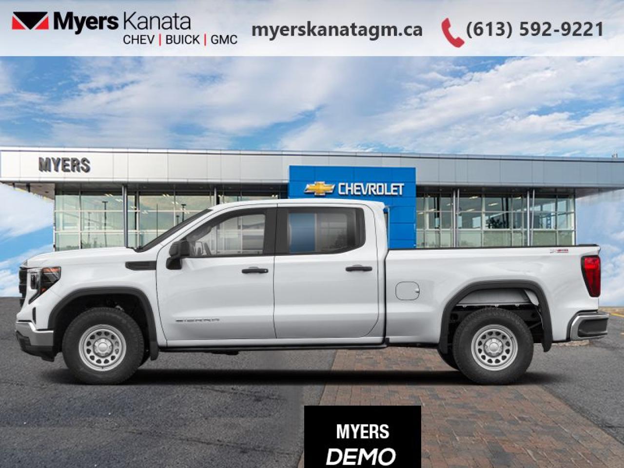 <b>X31 Off-Road and Protection Package!</b><br> <br> <br> <br>At Myers, we believe in giving our customers the power of choice. When you choose to shop with a Myers Auto Group dealership, you dont just have access to one inventory, youve got the purchasing power of an entire auto group behind you!<br> <br>  Astoundingly advanced and exceedingly premium, this 2024 GMC Sierra 1500 is designed for pickup excellence. <br> <br>This 2024 GMC Sierra 1500 stands out in the midsize pickup truck segment, with bold proportions that create a commanding stance on and off road. Next level comfort and technology is paired with its outstanding performance and capability. Inside, the Sierra 1500 supports you through rough terrain with expertly designed seats and robust suspension. This amazing 2024 Sierra 1500 is ready for whatever.<br> <br> This summit white Crew Cab 4X4 pickup   has an automatic transmission and is powered by a  355HP 5.3L 8 Cylinder Engine.<br> <br> Our Sierra 1500s trim level is Elevation. Upgrading to this GMC Sierra 1500 Elevation is a great choice as it comes loaded with a monochromatic exterior featuring a black gloss grille and unique aluminum wheels, a massive 13.4 inch touchscreen display with wireless Apple CarPlay and Android Auto, wireless streaming audio, SiriusXM, plus a 4G LTE hotspot. Additionally, this pickup truck also features IntelliBeam LED headlights, remote engine start, forward collision warning and lane keep assist, a trailer-tow package, LED cargo area lighting, teen driver technology plus so much more! This vehicle has been upgraded with the following features: X31 Off-road And Protection Package.  This is a demonstrator vehicle driven by a member of our staff and has just 14865 kms.<br><br> <br>To apply right now for financing use this link : <a href=https://www.myerskanatagm.ca/finance/ target=_blank>https://www.myerskanatagm.ca/finance/</a><br><br> <br/> Total  cash rebate of $7500 is reflected in the price. Credit includes $7,500 Non Stackable Delivery Allowance  Incentives expire 2025-01-02.  See dealer for details. <br> <br>Myers Kanata Chevrolet Buick GMC Inc is a great place to find quality used cars, trucks and SUVs. We also feature over a selection of over 50 used vehicles along with 30 certified pre-owned vehicles. Our Ottawa Chevrolet, Buick and GMC dealership is confident that youll be able to find your next used vehicle at Myers Kanata Chevrolet Buick GMC Inc. You will always find our inventory updated with the latest models. Our team believes in giving nothing but the best to our customers. Visit our Ottawa GMC, Chevrolet, and Buick dealership and get all the information you need today!<br> Come by and check out our fleet of 20+ used cars and trucks and 180+ new cars and trucks for sale in Kanata.  o~o