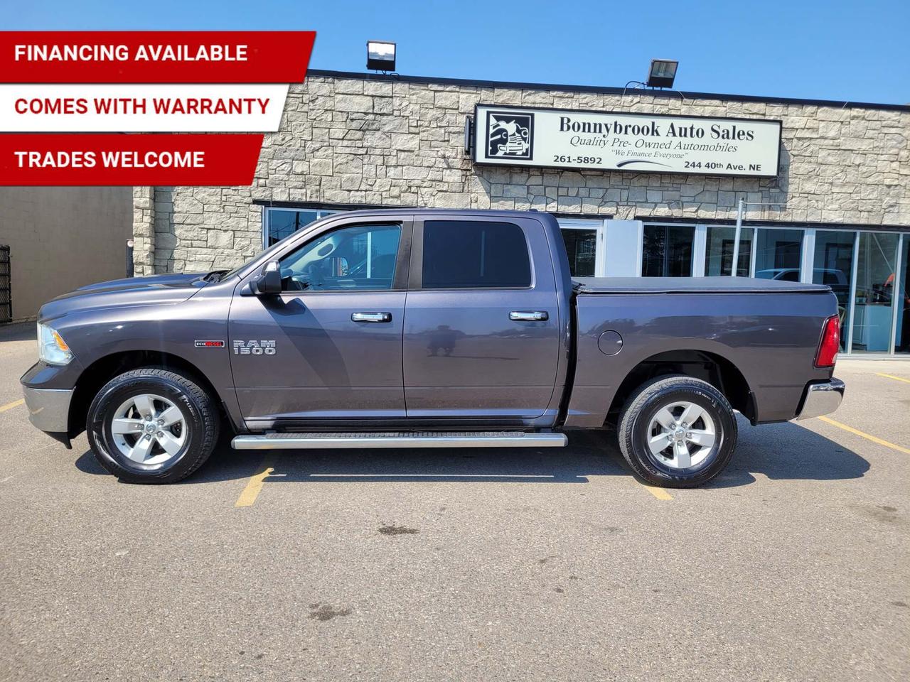 Need a vehicle that has style and class? Look at our Pre-Owned 2015 RAM 1500 CREW CAB SLT ECO DIESEL 4 WHEEL DRIVE  3.0L (Pictured in photo) /Filled with top options including Four wheel drive Heated Seats, Keyless Entry, Bluetooth, Power Mirrors, Rear view Camera Power Locks, Factory Car starter Power Windows./Air /Tilt /Cruise/ Am/Fm Cd. player Smooth ride at a great price thats ready for your test drive. Fully inspected and given a clean bill of health by our technicians and a 6 Month warranty package.. Fully detailed on the interior and exterior so it feels like new to you. There should never be any surprises when buying a used car, thats why we share our Mechanical Fitness Assessment and Carfax with our customers, so you know what we know. Bonnybrook Auto sales is helping thousands find quality used vehicles at prices they can afford. If you would like to book a test drive, have questions about a vehicle or need information on finance rates, give our friendly staff a call today! Bonnybrook auto sales is proudly one of the few car dealerships that have been serving Calgary for over Twenty years. /TRADE INS WELCOMED/ Amvic Licensed Business.  Due to the recent increase for used vehicles.  Demand and sales combined with  the U.S exchange rate, a lot  vehicles are being exported to the U.S. We are in need of pre-owned vehicles. We give top dollar for your trades.  We also purchase all makes and models of vehicles.