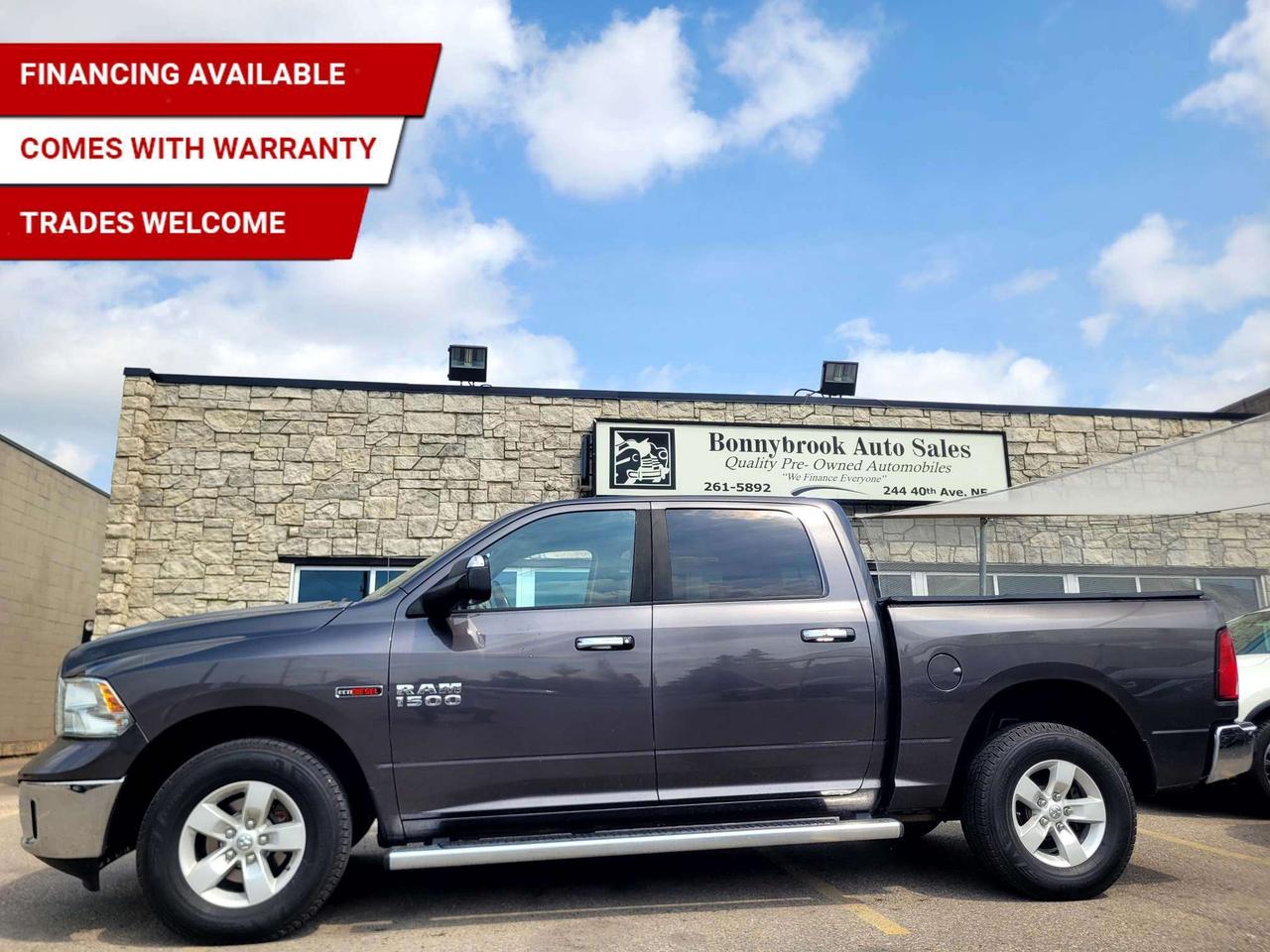 Need a vehicle that has style and class? Look at our Pre-Owned 2015 RAM 1500 CREW CAB SLT ECO DIESEL 4 WHEEL DRIVE  3.0L (Pictured in photo) Options including Four wheel drive. Fully Deleted emissions.  Heated Seats, Keyless Entry, Bluetooth, Power Mirrors, Rear view Camera Power Locks, Factory Car starter Power Windows./Air /Tilt /Cruise/ Am/Fm Cd. player Smooth ride at a great price thats ready for your test drive. Fully inspected and given a clean bill of health by our technicians and a 6 Month warranty package.. Fully detailed on the interior and exterior so it feels like new to you. There should never be any surprises when buying a used car, thats why we share our Mechanical Fitness Assessment and Carfax with our customers, so you know what we know. Bonnybrook Auto sales is helping thousands find quality used vehicles at prices they can afford. If you would like to book a test drive, have questions about a vehicle or need information on finance rates, give our friendly staff a call today! Bonnybrook auto sales is proudly one of the few car dealerships that have been serving Calgary for over Twenty years. /TRADE INS WELCOMED/ Amvic Licensed Business.  Due to the recent increase for used vehicles.  Demand and sales combined with  the U.S exchange rate, a lot  vehicles are being exported to the U.S. We are in need of pre-owned vehicles. We give top dollar for your trades.  We also purchase all makes and models of vehicles.