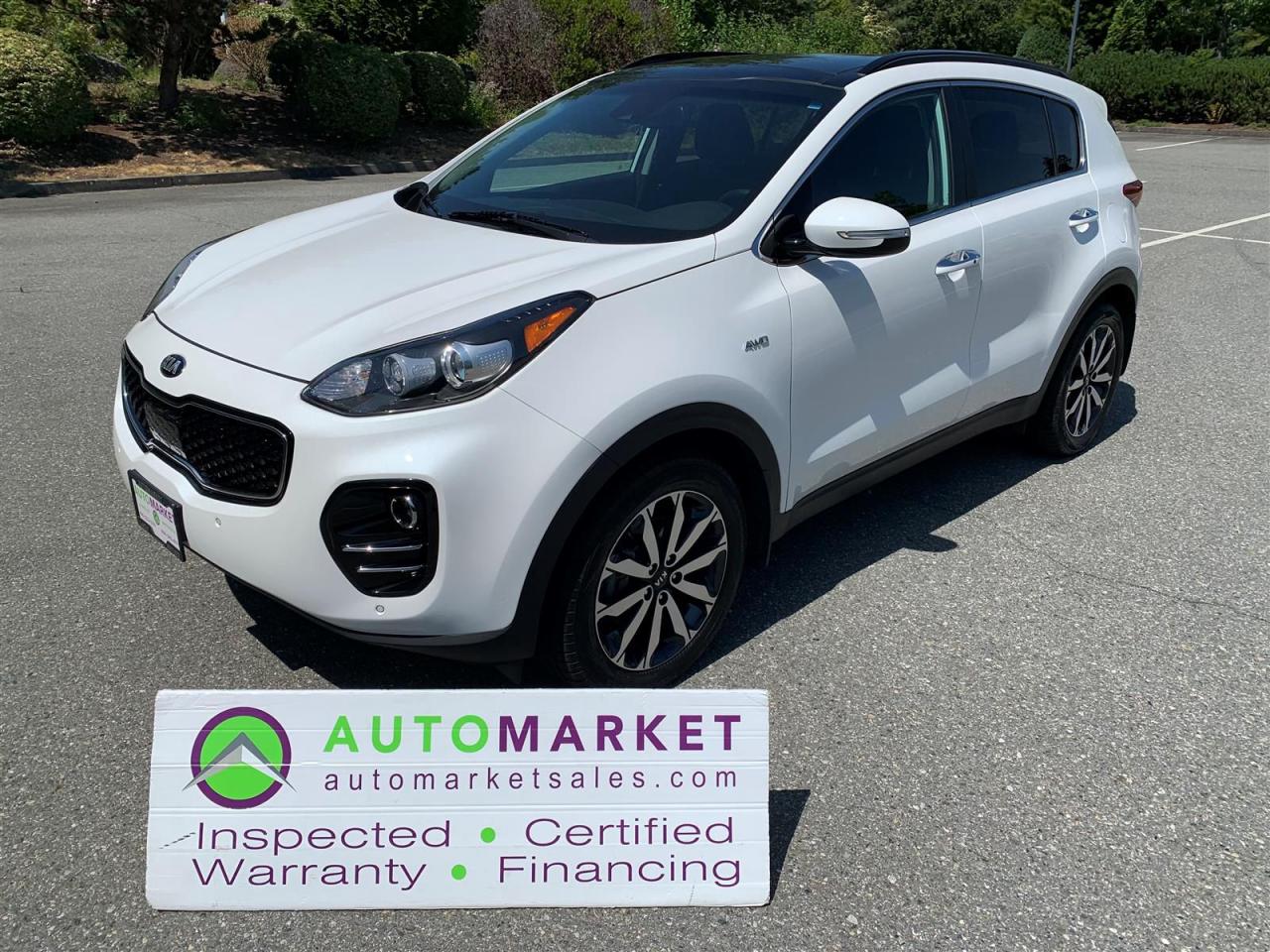 LOCAL AND NO ACCIDENTS EVER! LOADED EX AWD, LEATHER, SUNROOF, POWER EVERYTHING, CARPLAY, FINANCING, WARRANTY, INSPECTED W/BCAA MBSHP!<br /><br />Welcome to the Automarket. We are very proud to offer this spectaculer condition Sportage EX with every option including Heated Leather Seats, Heated Steering Wheel, Power Sunroof, Alloy Wheels, Carplay, Camera, Power Liftgate, Blind Spot Monitor, and all of the Power Features you want.<br /><br />This is a Local SUV with NO Accident claims ever. Condition both inside and outside is gorgeous. <br /><br />Having been fully inspected, we know that the Tires are 75% New on all 4 corners, the Brakes are 80% New in the Front and 90% New in the Rear. The Oil has been changed, the Battery tested as well as the coolant and we have fully detailed the vehicle for your safety and enjoyment.<br /><br />2 LOCATIONS TO SERVE YOU, BE SURE TO CALL FIRST TO CONFIRM WHERE THE VEHICLE IS PARKED<br />WHITE ROCK 604-542-4970 LANGLEY 604-533-1310 OWNER'S CELL 604-649-0565<br /><br />We are a family owned and operated business since 1983 and we are committed to offering outstanding vehicles backed by exceptional customer service, now and in the future.<br />What ever your specific needs may be, we will custom tailor your purchase exactly how you want or need it to be. All you have to do is give us a call and we will happily walk you through all the steps with no stress and no pressure.<br />WE ARE THE HOUSE OF YES?<br />ADDITIONAL BENFITS WHEN BUYING FROM SK AUTOMARKET:<br />ON SITE FINANCING THROUGH OUR 17 AFFILIATED BANKS AND VEHICLE FINANCE COMPANIES<br />IN HOUSE LEASE TO OWN PROGRAM.<br />EVRY VEHICLE HAS UNDERGONE A 120 POINT COMPREHENSIVE INSPECTION<br />EVERY PURCHASE INCLUDES A FREE POWERTRAIN WARRANTY<br />EVERY VEHICLE INCLUDES A COMPLIMENTARY BCAA MEMBERSHIP FOR YOUR SECURITY<br />EVERY VEHICLE INCLUDES A CARFAX AND ICBC DAMAGE REPORT<br />EVERY VEHICLE IS GUARANTEED LIEN FREE<br />DISCOUNTED RATES ON PARTS AND SERVICE FOR YOUR NEW CAR AND ANY OTHER FAMILY CARS THAT NEED WORK NOW AND IN THE FUTURE.<br />36 YEARS IN THE VEHICLE SALES INDUSTRY<br />A+++ MEMBER OF THE BETTER BUSINESS BUREAU<br />RATED TOP DEALER BY CARGURUS 2 YEARS IN A ROW<br />MEMBER IN GOOD STANDING WITH THE VEHICLE SALES AUTHORITY OF BRITISH COLUMBIA<br />MEMBER OF THE AUTOMOTIVE RETAILERS ASSOCIATION<br />COMMITTED CONTRIBUTER TO OUR LOCAL COMMUNITY AND THE RESIDENTS OF BC<br /><br /> This vehicle has been Fully Inspected, Certified and Qualifies for Our Free Extended Warranty.Don't forget to ask about our Great Finance and Lease Rates. We also have a Options for Buy Here Pay Here and Lease to Own for Good Customers in Bad Situations. 2 locations to help you, White Rock and Langley. Be sure to call before you come to confirm the vehicles location and availability or look us up at www.automarketsales.com. White Rock 604-542-4970 and Langley 604-533-1310. Serving Surrey, Delta, Langley, Richmond, Vancouver, all of BC and western Canada. Financing & leasing available. CALL SK AUTOMARKET LTD. 6045424970. Call us toll-free at 1 877 813-6807. $495 Documentation fee and applicable taxes are in addition to advertised prices.<br />LANGLEY LOCATION DEALER# 40038<br />S. SURREY LOCATION DEALER #9987<br />