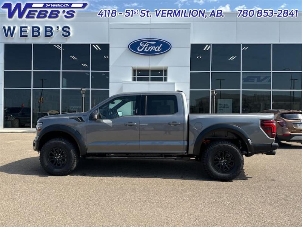 <b>Leather Seats, Sunroof, 17 inch Aluminum Wheels!</b><br> <br> <br> <br>  From powerful engines to smart tech, theres an F-150 to fit all aspects of your life. <br> <br>Just as you mould, strengthen and adapt to fit your lifestyle, the truck you own should do the same. The Ford F-150 puts productivity, practicality and reliability at the forefront, with a host of convenience and tech features as well as rock-solid build quality, ensuring that all of your day-to-day activities are a breeze. Theres one for the working warrior, the long hauler and the fanatic. No matter who you are and what you do with your truck, F-150 doesnt miss.<br> <br> This carbonized grey metallic Crew Cab 4X4 pickup   has a 10 speed automatic transmission and is powered by a  450HP 3.5L V6 Cylinder Engine.<br> <br> Our F-150s trim level is Raptor. This awesome Ford F-150 Raptor comes loaded with exclusive features such as a Baja ready suspension made by Fox Racing, unique leather seats that are heated and cooled, exclusive wide body fender flares, a proximity key with push button start, a limited slip differential and Ford Co-Pilot360 that features lane keep assist, blind spot detection, pre-collision assist, automatic emergency braking and rear parking sensors. Additional features include unique aluminum wheels, SYNC 4 with enhanced voice recognition featuring Apple CarPlay and Android Auto, FordPass Connect 4G LTE, power adjustable pedals, a powerful audio system with SiriusXM radio, cargo box lights, a smart device remote engine start, a leather steering wheel, trail management system, adaptive cruise control and some handy side steps to help when entering and exiting this incredible pickup truck! This vehicle has been upgraded with the following features: Leather Seats, Sunroof, 17 Inch Aluminum Wheels. <br><br> View the original window sticker for this vehicle with this url <b><a href=http://www.windowsticker.forddirect.com/windowsticker.pdf?vin=1FTFW1RG4RFB26161 target=_blank>http://www.windowsticker.forddirect.com/windowsticker.pdf?vin=1FTFW1RG4RFB26161</a></b>.<br> <br>To apply right now for financing use this link : <a href=https://www.webbsford.com/financing/ target=_blank>https://www.webbsford.com/financing/</a><br><br> <br/><br> Buy this vehicle now for the lowest bi-weekly payment of <b>$860.13</b> with $0 down for 84 months @ 7.99% APR O.A.C. ( taxes included, $149 documentation fee   / Total cost of borrowing $36778    / Federal Luxury Tax of $2319.00 included.).  See dealer for details. <br> <br>Webbs Ford is located at 4118 - 51st Street in beautiful Vermilion, AB. <br/>We offer superior sales and service for our valued customers and are committed to serving our friends and clients with the best services possible. If you are looking to set up a test drive in one of our new Fords or looking to inquire about financing options, please call (780) 853-2841 and speak to one of our professional staff members today.   Vehicle pricing offer shown expire 2024-10-31.  o~o  Vehicle pricing offer shown expire 2024-11-30.