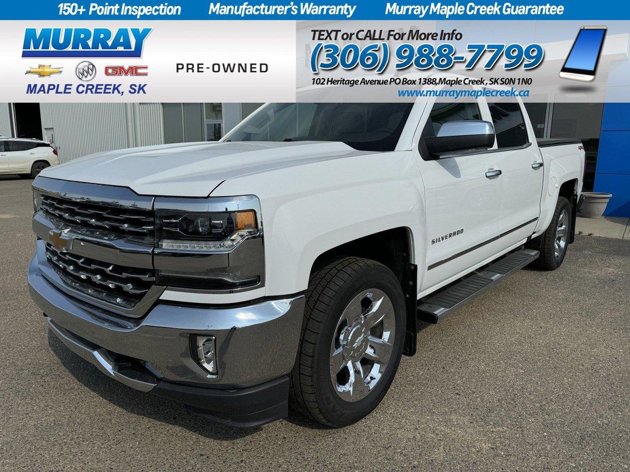 Our 2018 Chevrolet Silverado 1500 LTZ Crew Cab 4X4 looks sharp in Summit White! Powered by a 5.3 Litre EcoTec3 V8 that generates 355hp paired with a 6 Speed Automatic transmission with tow/haul mode. This Four Wheel Drive executes flawlessly to provide you with approximately 10.2L/100km on the highway and plenty of muscle to get your job done efficiently! The striking appearance of our Silverado 1500 LTZ looks top-notch with its chiseled physique, bold grille, chrome accents, prominent wheels, and high-strength steel bed. Bask in luxury and comfort of the well-designed LTZ cabin that greets you with a universal home remote, remote vehicle start, a rearview camera, heated leather seats, power accessories, and a driver information center. Its easy to stay in touch thanks to the Chevrolet MyLink radio with voice activation, an 8-inch colour touchscreen, Bluetooth, available satellite radio, Android Auto/Apple CarPlay capability, and OnStar with available WiFi. Chevrolet is built strong with the trailering package and received top safety scores with its high-strength steel, Stabilitrak, ABS, daytime running lamps, and airbags. You deserve a truck that can keep up with you, whether conquering your work day or playing hard on the weekend. Reward yourself with this Silverado 1500 LTZ! Save this Page and Call for Availability. We Know You Will Enjoy Your Test Drive Towards Ownership!