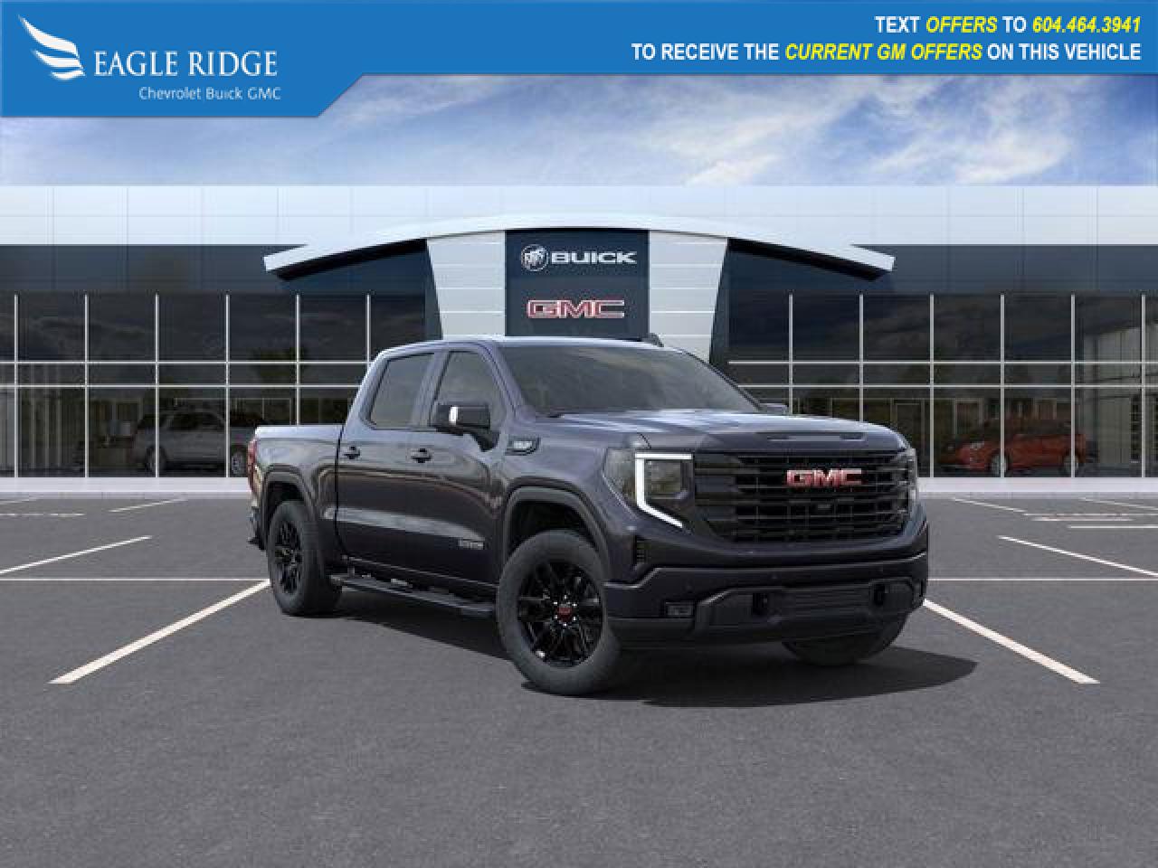 2024 GMC Sierra 1500 Elevation: navigation, heated seats, 4WD, 13.4-inch touchscreen with Google built-in, remote vehicle start, engine control stop/start, auto locking rear differential, automatic emergency braking, HD surround vision, lane keep assist, automatic lights, adaptive cruise control, Apple CarPlay and Android Auto.