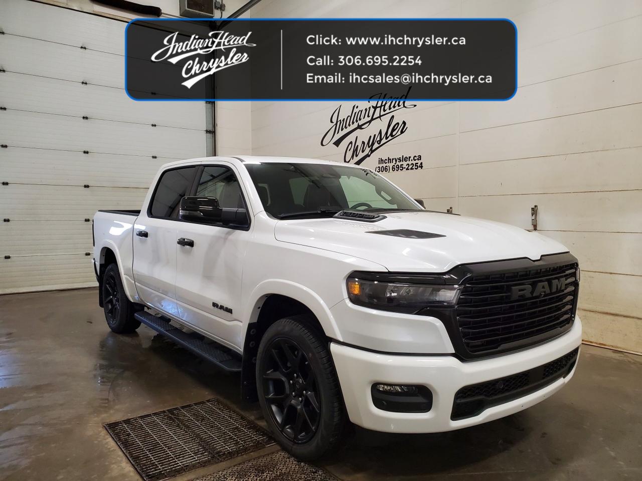 <b>Cooled Seats,  Navigation,  Apple CarPlay,  Android Auto,  Heated Steering Wheel!</b><br> <br> <br> <br>  Work, play and adventure are what the 2025 Ram 1500 was designed to do. <br> <br>The Ram 1500s unmatched luxury transcends traditional pickups without compromising its capability. Loaded with best-in-class features, its easy to see why the Ram 1500 is so popular. With the most towing and hauling capability in a Ram 1500, as well as improved efficiency and exceptional capability, this truck has the grit to take on any task.<br> <br> This white Crew Cab 4X4 pickup   has a 8 speed automatic transmission and is powered by a  420HP 3.0L Straight 6 Cylinder Engine.<br> <br> Our 1500s trim level is Laramie. This Ram 1500 Laramie rewards you with great standard features such as ventilated and heated front seats, heated second row seats, leather upholstery, a heated leather steering wheel, a 10-speaker Alpine audio system, and a 12-inch infotainment screen powered by Uconnect 5W with inbuilt navigation, Apple CarPlay, Android Auto and 4G LTE Wi-Fi hotspot. Additional features include class IV towing equipment, a trailer wiring harness, front and rear parking sensors, blind spot detection, lane keeping assist with lane departure warning, remote start, adaptive cruise control, and even more! This vehicle has been upgraded with the following features: Cooled Seats,  Navigation,  Apple Carplay,  Android Auto,  Heated Steering Wheel,  Aluminum Wheels,  Adaptive Cruise Control. <br><br> View the original window sticker for this vehicle with this url <b><a href=http://www.chrysler.com/hostd/windowsticker/getWindowStickerPdf.do?vin=1C6SRFJP7SN593527 target=_blank>http://www.chrysler.com/hostd/windowsticker/getWindowStickerPdf.do?vin=1C6SRFJP7SN593527</a></b>.<br> <br>To apply right now for financing use this link : <a href=https://www.indianheadchrysler.com/finance/ target=_blank>https://www.indianheadchrysler.com/finance/</a><br><br> <br/> Weve discounted this vehicle $14104. See dealer for details. <br> <br>At Indian Head Chrysler Dodge Jeep Ram Ltd., we treat our customers like family. That is why we have some of the highest reviews in Saskatchewan for a car dealership!  Every used vehicle we sell comes with a limited lifetime warranty on covered components, as long as you keep up to date on all of your recommended maintenance. We even offer exclusive financing rates right at our dealership so you dont have to deal with the banks.
You can find us at 501 Johnston Ave in Indian Head, Saskatchewan-- visible from the TransCanada Highway and only 35 minutes east of Regina. Distance doesnt have to be an issue, ask us about our delivery options!

Call: 306.695.2254<br> Come by and check out our fleet of 20+ used cars and trucks and 80+ new cars and trucks for sale in Indian Head.  o~o