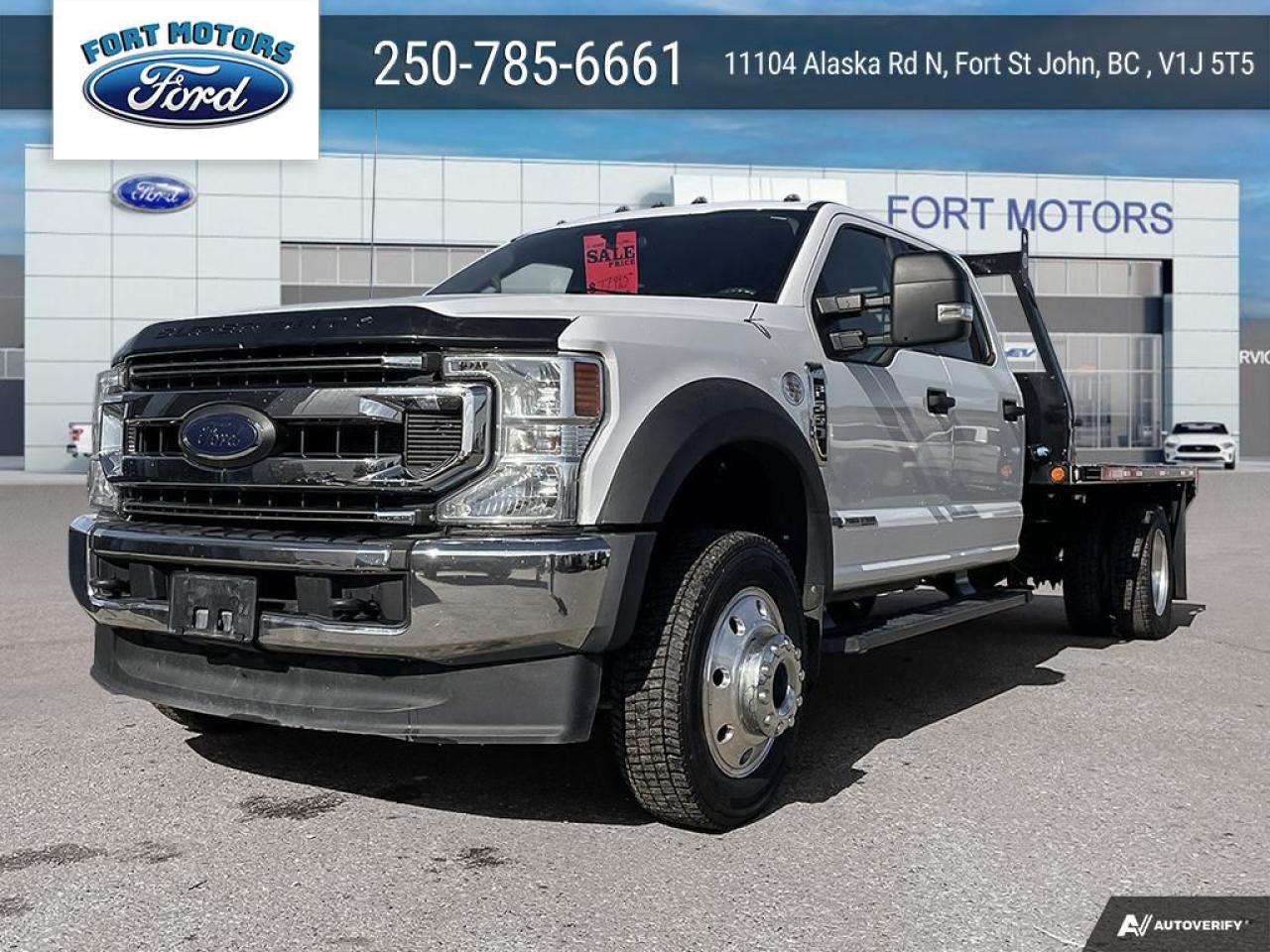 <b>19.5 inch Aluminum Wheels, High Capacity Trailer Tow Package, Remote Engine Start, Extra Heavy-Duty Front Suspension Package, Exterior Back-Up Alarm!</b><br> <br>  Compare at $81115 - Our Price is just $77995! <br> <br>   The refined power of this Ford Super Duty lets you haul, carry, pull or push almost anything without breaking a sweat. This  2020 Ford F-550 Super Duty DRW is for sale today in Fort St John. <br> <br>The Ford Super Duty is designed to tackle your toughest of jobs with ease. Its no surprise that this unit offers top-rated performance thanks to its strong lineup of engines. With a comfortable interior, including the perfect driving position and exceptional handling capabilities, this impressive work truck is effective, highly efficient and deserves a place within your fleet.This  sought after diesel Crew Cab 4X4 pickup  has 112,006 kms. Its  oxford white in colour  . It has a 10 speed automatic transmission and is powered by a  330HP 6.7L 8 Cylinder Engine.  <br> <br> Our F-550 Super Duty DRWs trim level is XLT. This powerful Ford F-550 Super Duty XLT comes very well equipped with a heavy duty suspension, towing equipment, a built-in brake controllers and trailer sway control, an upgraded audio system with SYNC 3 communication featuring enhanced voice recognition, Apple CarPlay and Android Auto plus an 8 inch touchscreen, 2 front tow hooks, a chrome front bumper, remote keyless entry, SiriusXM, steering wheel mounted cruise controls and a smart device remote engine start. This vehicle has been upgraded with the following features: 19.5 Inch Aluminum Wheels, High Capacity Trailer Tow Package, Remote Engine Start, Extra Heavy-duty Front Suspension Package, Exterior Back-up Alarm, Rear View Camera And Prep Kit, 8 Way Power Driver Seats W/ Lumbar. <br> To view the original window sticker for this vehicle view this <a href=http://www.windowsticker.forddirect.com/windowsticker.pdf?vin=1FD0W5HT7LEE00439 target=_blank>http://www.windowsticker.forddirect.com/windowsticker.pdf?vin=1FD0W5HT7LEE00439</a>. <br/><br> <br>To apply right now for financing use this link : <a href=https://www.fortmotors.ca/free-credit-check/ target=_blank>https://www.fortmotors.ca/free-credit-check/</a><br><br> <br/><br><br> Come by and check out our fleet of 20+ used cars and trucks and 180+ new cars and trucks for sale in Fort St John.  o~o