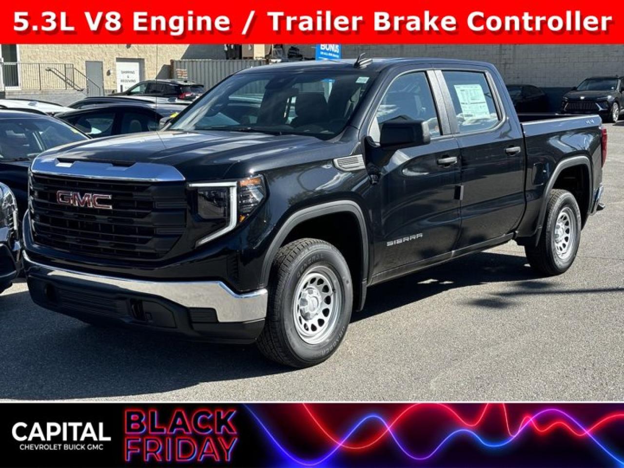 This GMC Sierra 1500 delivers a Gas V8 5.3L/325 engine powering this Automatic transmission. ENGINE, 5.3L ECOTEC3 V8 (355 hp [265 kW] @ 5600 rpm, 383 lb-ft of torque [518 Nm] @ 4100 rpm); featuring Dynamic Fuel Management (Includes (KW7) 170-amp alternator and (MHT) 10-speed automatic transmission., Wireless, Apple CarPlay / Wireless Android Auto, Windows, power rear, express down (Not available on Regular Cab models.).* This GMC Sierra 1500 Features the Following Options *Windows, power front, drivers express up/down, Window, power front, passenger express down, Wi-Fi Hotspot capable (Terms and limitations apply. See onstar.ca or dealer for details.), Wheels, 17 x 8 (43.2 cm x 20.3 cm) painted steel, Silver, Wheel, 17 x 8 (43.2 cm x 20.3 cm) full-size, steel spare, USB Ports, 2, Charge/Data ports located on instrument panel, Transfer case, single speed, electronic Autotrac with push button control (4WD models only), Tires, 255/70R17 all-season, blackwall, Tire, spare 255/70R17 all-season, blackwall (Included with (QBN) 255/70R17 all-season, blackwall tires.), Tire Pressure Monitor System, auto learn includes Tire Fill Alert (does not apply to spare tire).* Stop By Today *Stop by Capital Chevrolet Buick GMC Inc. located at 13103 Lake Fraser Drive SE, Calgary, AB T2J 3H5 for a quick visit and a great vehicle!