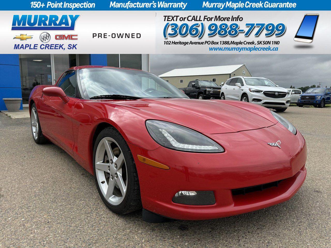 Live out your dreams behind the wheel of our 2007 Chevrolet Corvette Coupe shown in a stunning Red! The exhilaration begins the moment you fire up the 6.0 Litre V8 generating 400hp paired to a 6 Speed Manual transmission for quick acceleration. You will achieve approximately 8.4L/100km on the highway in this Rear Wheel Drive machine. The user-friendly cockpit of our Corvette provides an incredible amount of space for your luggage, ultra-supportive leather seats, an intuitive design, and a premium sound system. Our Chevrolet Corvette is a blast to drive, but will also keep you safe. The Chevrolet engineers have added many features to keep you safe and secure on the road. Print this page and call us Now...We Know Youll Enjoy Your Test Drive Towards Ownership!