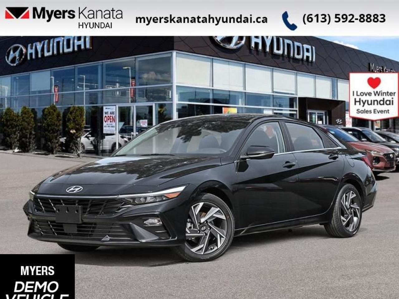 <b>Leather Seats,  Sunroof,  Premium Audio,  Wi-Fi,  Heated Steering Wheel!</b><br> <br> <br> <br>  This 2024 Elantra is bringing the classic sedan back with bold, edgy, forward-thinking design. <br> <br>This 2024 Elantra was made to be the sharpest compact sedan on the road. With tons of technology packed into the spacious and comfortable interior, along with bold and edgy styling inside and out, this family sedan makes the unexpected your daily driver. <br> <br> This abyss blk sedan  has an automatic transmission and is powered by a  147HP 2.0L 4 Cylinder Engine.<br> <br> Our Elantras trim level is Luxury IVT w/Two-Tone Interior. This Elantra Luxury takes infotainment and luxury to new levels with tech features like the Bose Premium Audio System, Blue Link wi-fi, and even more surprises while style and comfort features like two tone leather seats, a sunroof, and chrome trim make your cabin a sanctuary. This Elantra is also equipped with an advanced safety suite including lane keep assist, forward and rear collision assist, driver monitoring, blind spot assist, and automatic high beams. The incredible feature list continues with heated power seats for comfort while voice activated, touch screen infotainment including wireless connectivity with Android Auto, Apple CarPlay, and Bluetooth keeps you connected. Aluminum wheels and gorgeous styling make sure you stand out in a crowd while heated power side mirrors, proximity keyless entry with hands free cargo access, and a rear view camera make every day easier. This vehicle has been upgraded with the following features: Leather Seats,  Sunroof,  Premium Audio,  Wi-fi,  Heated Steering Wheel,  Lane Keep Assist,  Heated Seats.  This is a demonstrator vehicle driven by a member of our staff and has just 5446 kms.<br><br> <br>To apply right now for financing use this link : <a href=https://www.myerskanatahyundai.com/finance/ target=_blank>https://www.myerskanatahyundai.com/finance/</a><br><br> <br/>    This vehicle may qualify for $500 Military Program Bonus. Eligible customers may qualify for the Hyundai 0.50% Loyalty Finance Rate Reduction - certain restrictions may apply. 5.79% financing for 96 months. <br> Buy this vehicle now for the lowest weekly payment of <b>$107.56</b> with $0 down for 96 months @ 5.79% APR O.A.C. ( Plus applicable taxes -  $2596 and licensing fees    ).  Incentives expire 2025-01-02.  See dealer for details. <br> <br>This vehicle is located at Myers Kanata Hyundai 400-2500 Palladium Dr Kanata, Ontario. <br><br> Come by and check out our fleet of 20+ used cars and trucks and 60+ new cars and trucks for sale in Kanata.  o~o