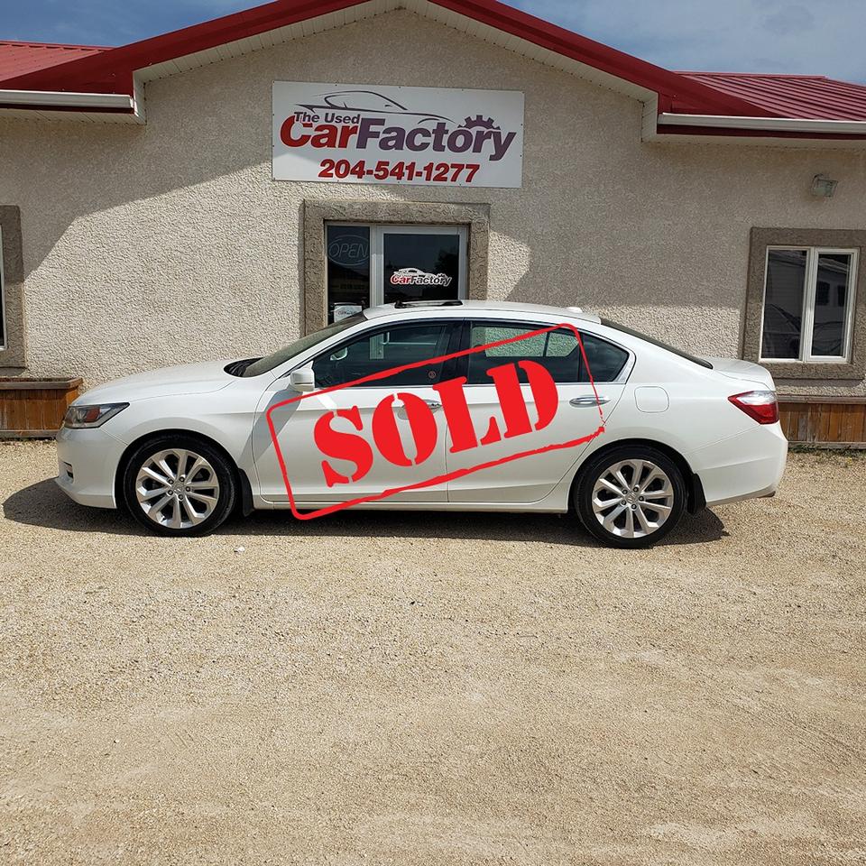 <p>****SOLD****</p><p>Local One Owner Vehicle, non smoker, maintained at dealer, shows better than an accord with 50,000 km, no rips, no tears, extremely well equipped with the rare V6, Air, Tilt/Telescopic, Cruise, Power Heated Leather Seats, Navigation, Satellite Radio, Power Windows, Power Door Locks, Power Mirrors, Power Sunroof, Premium Sound with Subwoofer, push button start, Bluetooth, Sunroof, and so much more.....</p><p>We offer on -the- spot financing; we finance all levels of credit.</p><p>Several Warranty Options Available,</p><p>All our vehicles come with a Manitoba safety.</p><p>Proud members of The Manitoba Used Car Dealer Association as well as the Manitoba Chamber of Commerce.</p><p>All payments, and prices, are plus applicable taxes. Dealers permit #4821</p>