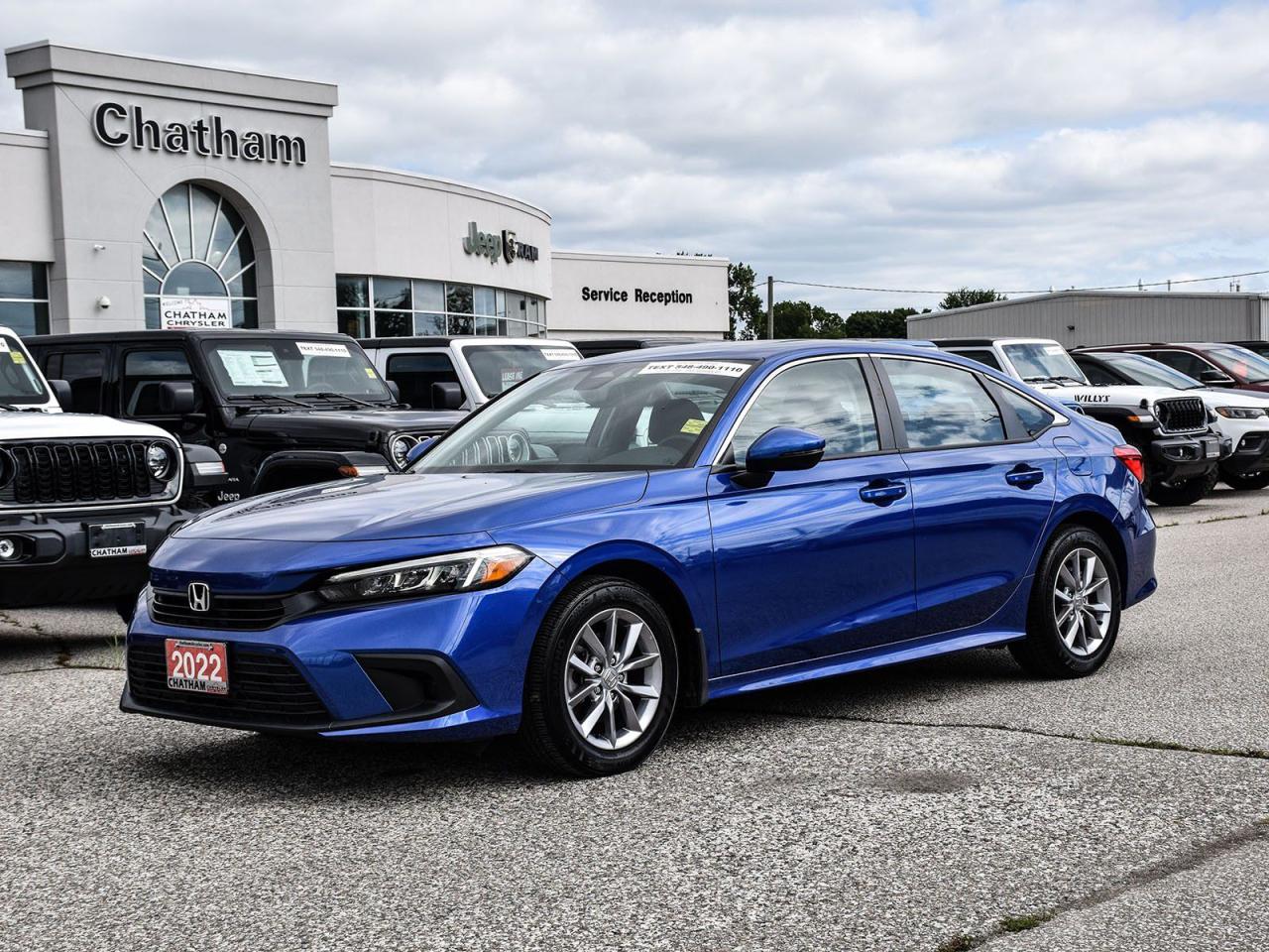 2022 Honda Civic 4D Sedan EX Aegean Blue Metallic Gray Cloth, Forward collision: Collision Mitigation Braking System (CMBS) + FCW mitigation, Power moonroof. Odometer is 18043 kilometers below market average! FWD 2.0L I4 DOHC 16V i-VTEC CVT<br><br><br>Awards:<br>  * ALG Canada Residual Value Awards<br><br><br>Here at Chatham Chrysler, our Financial Services Department is dedicated to offering the service that you deserve. We are experienced with all levels of credit and are looking forward to sitting down with you. Chatham Chrysler Proudly serves customers from London, Ridgetown, Thamesville, Wallaceburg, Chatham, Tilbury, Essex, LaSalle, Amherstburg and Windsor with no distance being ever too far! At Chatham Chrysler, WE CAN DO IT!