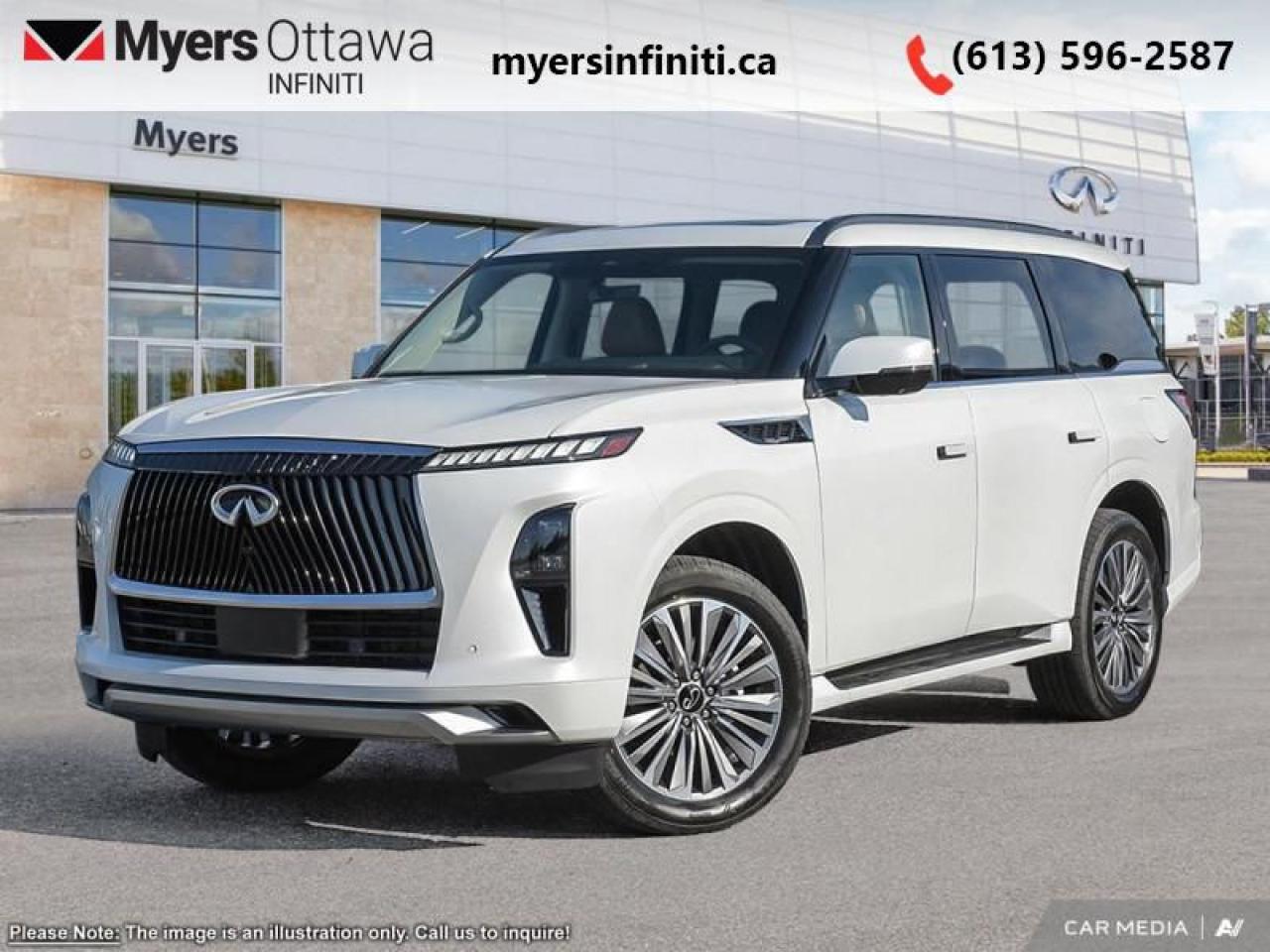 <b>HUD,  Cooled Seats,  Sunroof,  Heated Seats,  Premium Audio!</b><br> <br> <br> <br>  This Infiniti QX80 is an old-school SUV with lots of luxury, style, and modern tech. <br> <br>Embrace luxury grand enough to accommodate all the experiences you seek, and powerful enough to amplify them. This Infiniti QX80 unleashes your potential with capability that few can rival, extensive rewards that fill your journey, and presence that none can match. This full-size luxury SUV is not larger than life, its as large as the life you want.<br> <br> This radiant wht tri SUV  has an automatic transmission and is powered by a  450HP 3.5L V6 Cylinder Engine.<br> <br> Our QX80s trim level is LUXE. This trim steps things up with a head-up display, dual-panel sunroof, a 14-speaker Klipsch audio system with active sound enhancement, dual 14-inch INFINITI InTouch infotainment screens with Apple CarPlay, Android Auto and 4G Wi-Fi hotspot, adaptive cruise control, and a power liftgate for rear cargo access. The creature comforts continue with ventilated and heated front and rear seats, a heated steering wheel, and voice-activated dual-zone climate control. Safety features also include lane keep assist with lane departure warning, front and rear parking sensors, an aerial view camera system, front and rear collision mitigation, and blind spot monitoring. This vehicle has been upgraded with the following features: Hud,  Cooled Seats,  Sunroof,  Heated Seats,  Premium Audio,  Power Liftgate,  Heated Steering Wheel. <br><br> <br>To apply right now for financing use this link : <a href=https://www.myersinfiniti.ca/finance/ target=_blank>https://www.myersinfiniti.ca/finance/</a><br><br> <br/>    5.99% financing for 84 months. <br> Buy this vehicle now for the lowest bi-weekly payment of <b>$852.41</b> with $0 down for 84 months @ 5.99% APR O.A.C. ( taxes included, $921  and licensing fees     / Federal Luxury Tax of $1853.00 included.).  Incentives expire 2025-01-02.  See dealer for details. <br> <br><br> Come by and check out our fleet of 30+ used cars and trucks and 60+ new cars and trucks for sale in Ottawa.  o~o