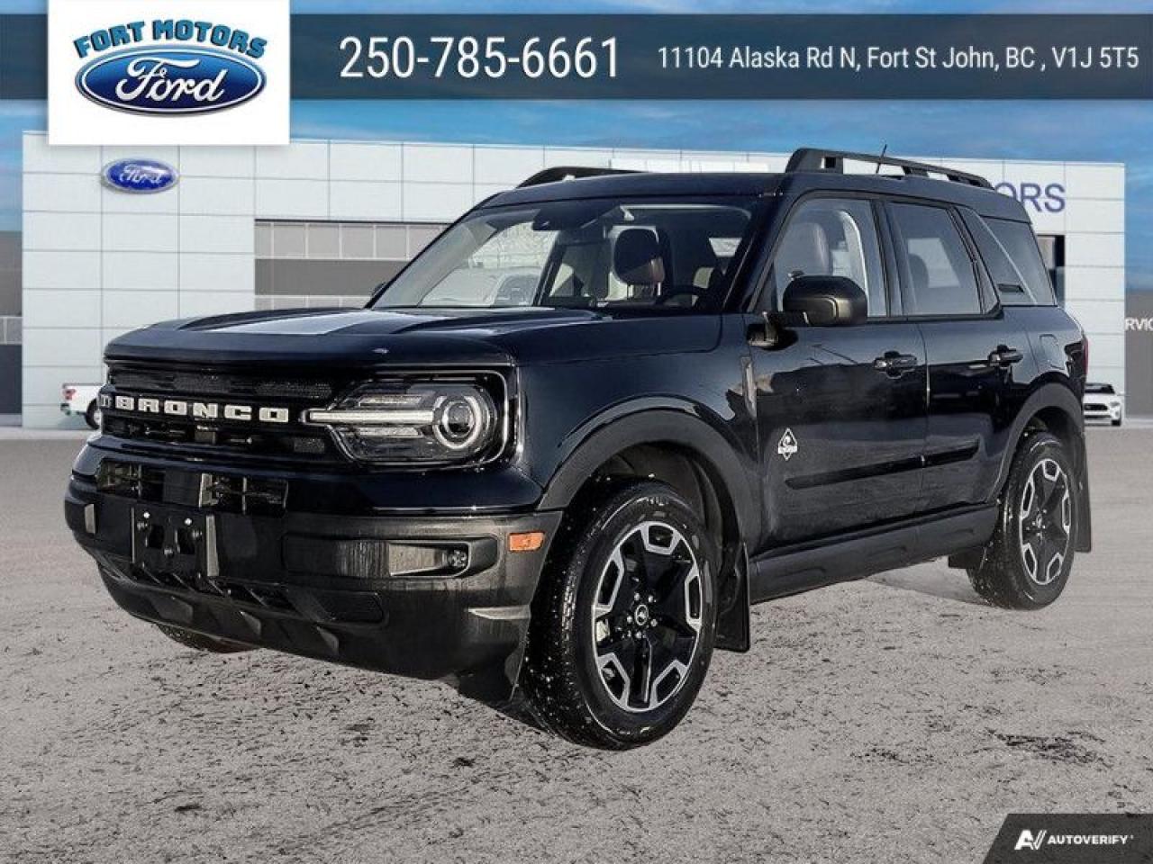 <b>Sunroof, Ford Co-Pilot360 Assist+, Wireless Charging, Premium Audio, Class II Trailer Tow Package!</b><br> <br>   This 2024 Ford Bronco Sport is no rip-off of its bigger brother; its an off road-capable and versatile compact SUV. <br> <br>A compact footprint, an iconic name, and modern luxury come together to make this Bronco Sport an instant classic. Whether your next adventure takes you deep into the rugged wilds, or into the rough and rumble city, this Bronco Sport is exactly what you need. With enough cargo space for all of your gear, the capability to get you anywhere, and a manageable footprint, theres nothing quite like this Ford Bronco Sport.<br> <br> This shadow black SUV  has a 8 speed automatic transmission and is powered by a  181HP 1.5L 3 Cylinder Engine.<br> <br> Our Bronco Sports trim level is Outer Banks. Ready for the great outdoors, this Bronco Outer Banks features heated leather seats with feature power lumbar adjustment, a heated leather-wrapped steering wheel, SiriusXM streaming radio and exclusive aluminum wheels. Also standard include voice-activated automatic air conditioning, an 8-inch SYNC 3 powered infotainment screen with Apple CarPlay and Android Auto, smart charging USB type-A and type-C ports, 4G LTE mobile hotspot internet access, proximity keyless entry with remote start, and a robust terrain management system that features the trademark Go Over All Terrain (G.O.A.T.) driving modes. Additional features include blind spot detection, rear cross traffic alert and pre-collision assist with automatic emergency braking, lane keeping assist, lane departure warning, forward collision alert, driver monitoring alert, a rear-view camera, 3 12-volt DC and 120-volt AC power outlets, and so much more. This vehicle has been upgraded with the following features: Sunroof, Ford Co-pilot360 Assist+, Wireless Charging, Premium Audio, Class Ii Trailer Tow Package. <br><br> View the original window sticker for this vehicle with this url <b><a href=http://www.windowsticker.forddirect.com/windowsticker.pdf?vin=3FMCR9C63RRF25618 target=_blank>http://www.windowsticker.forddirect.com/windowsticker.pdf?vin=3FMCR9C63RRF25618</a></b>.<br> <br>To apply right now for financing use this link : <a href=https://www.fortmotors.ca/free-credit-check/ target=_blank>https://www.fortmotors.ca/free-credit-check/</a><br><br> <br/><br>Come down to Fort Motors and take it for a spin!<p><br> Come by and check out our fleet of 30+ used cars and trucks and 200+ new cars and trucks for sale in Fort St John.  o~o