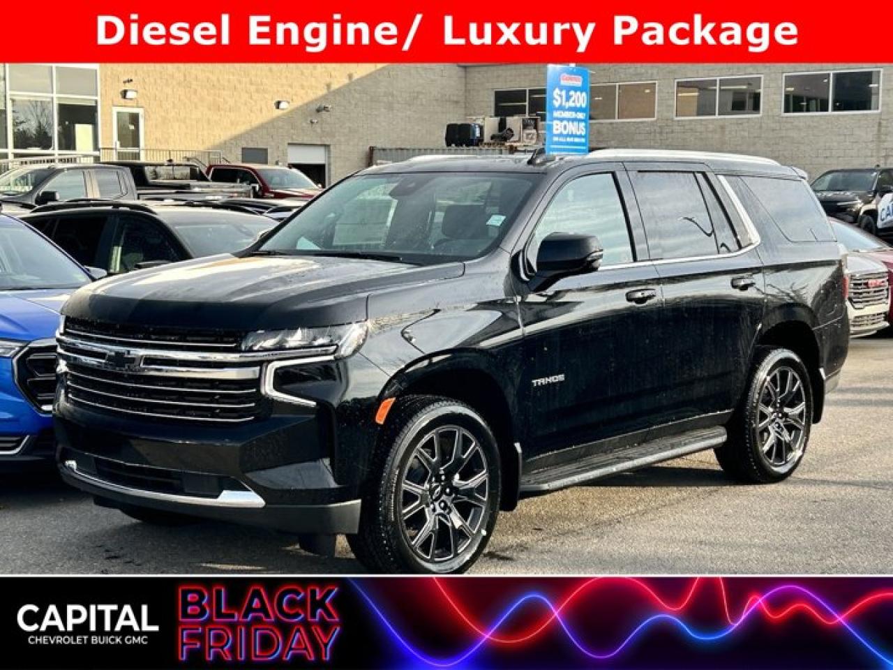 This Chevrolet Tahoe boasts a Turbocharged Diesel I6 3.0/ engine powering this Automatic transmission. ENGINE, DURAMAX 3.0L TURBO-DIESEL I6 (277 hp [206.6 kW] @ 3750 rpm, 460 lb-ft of torque [623.7 N-m] @ 1500 rpm), Wireless charging, Wireless Apple CarPlay/Wireless Android Auto.* This Chevrolet Tahoe Features the Following Options *Wipers, front intermittent, Rainsense, Wiper, rear intermittent with washer, Windshield, solar absorbing, Windows, power with rear Express-Down, Window, power with front passenger Express-Up/Down, Window, power with driver Express-Up/Down, Wi-Fi Hotspot capable (Terms and limitations apply. See onstar.ca or dealer for details.), Wheels, 18 x 8.5 (45.7 cm x 21.6 cm) Bright Silver painted aluminum, Wheel, full-size spare, 17 (43.2 cm), Warning tones headlamp on, driver and right-front passenger seat belt unfasten and turn signal on.* Visit Us Today *Youve earned this- stop by Capital Chevrolet Buick GMC Inc. located at 13103 Lake Fraser Drive SE, Calgary, AB T2J 3H5 to make this car yours today!