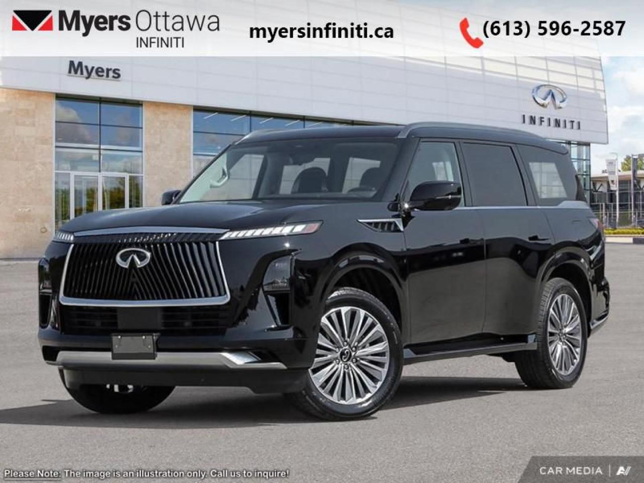 <b>Massage Seats,  HUD,  Cooled Seats,  Sunroof,  Premium Audio!</b><br> <br> <br> <br>  High levels of luxury, comfort, and tech make this three-row Infiniti QX80 a solid pick among large luxury SUVs. <br> <br>Embrace luxury grand enough to accommodate all the experiences you seek, and powerful enough to amplify them. This Infiniti QX80 unleashes your potential with capability that few can rival, extensive rewards that fill your journey, and presence that none can match. This full-size luxury SUV is not larger than life, its as large as the life you want.<br> <br> This mineral blk prl SUV  has an automatic transmission and is powered by a  450HP 3.5L V6 Cylinder Engine.<br> <br> Our QX80s trim level is SENSORY. This trim steps things up with a head-up display, dual-panel sunroof, an upgraded 24-speaker Klipsch audio system with active sound enhancement, dual 14-inch INFINITI InTouch infotainment screens with Apple CarPlay, Android Auto and 4G Wi-Fi hotspot, adaptive cruise control, and a power liftgate for rear cargo access. The creature comforts continue with semi-aniline leather upholstery, massaging front seats, ventilated and heated front and rear seats, a heated steering wheel, and voice-activated dual-zone climate control. Safety features also include lane keep assist with lane departure warning, front and rear parking sensors, an aerial view camera system, front and rear collision mitigation, and blind spot monitoring. This vehicle has been upgraded with the following features: Massage Seats,  Hud,  Cooled Seats,  Sunroof,  Premium Audio,  Power Liftgate,  Heated Steering Wheel. <br><br> <br>To apply right now for financing use this link : <a href=https://www.myersinfiniti.ca/finance/ target=_blank>https://www.myersinfiniti.ca/finance/</a><br><br> <br/>    4.99% financing for 84 months. <br> Buy this vehicle now for the lowest bi-weekly payment of <b>$904.34</b> with $0 down for 84 months @ 4.99% APR O.A.C. ( taxes included, $921  and licensing fees     / Federal Luxury Tax of $3653.00 included.).  Incentives expire 2025-03-31.  See dealer for details. <br> <br><br> Come by and check out our fleet of 30+ used cars and trucks and 50+ new cars and trucks for sale in Ottawa.  o~o