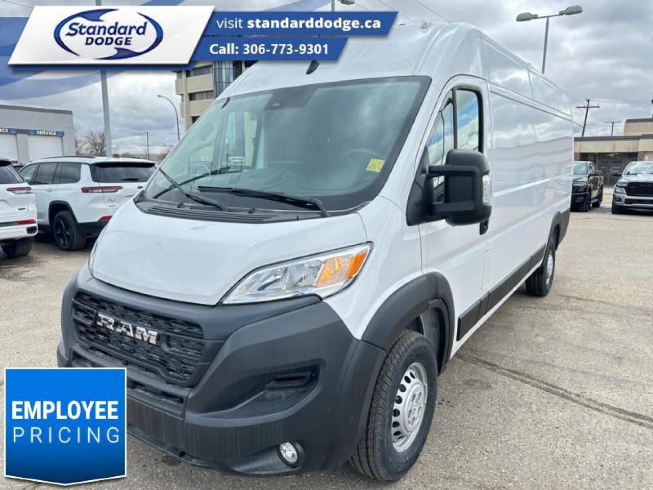 <b>Rear Camera,  Remote Keyless Entry,  Uconnect3,  Streaming Audio,  Air Conditioning!</b><br> <br> <br> <br>  Thanks to its rugged engineering, this Ram ProMaster cargo van is a great option for North American business owners. <br> <br>This Ram ProMaster is a purpose-built, full-size van, designed to deliver maximum utility and functionality. With an upfitter-friendly design that includes nearly vertical side walls and uninterrupted floor space, this ProMaster delivers maximum storage, functionality, and simple configurability. Class-exclusive front-wheel drive gives this van enhanced traction in all seasons while providing increased cargo capacity.<br> <br> This bright white van  has a 9 speed automatic transmission and is powered by a  276HP 3.6L V6 Cylinder Engine.<br> <br> Our ProMaster Cargo Vans trim level is 3500 High Roof Ext 159. This full-size van comes packed with work-ready features inside and out. Featuring the best-in-class turning diameter, exceptional payload capacity and it also includes remote keyless entry, air conditioning, power windows, Uconnect 3 w/5 inch display screen and streaming audio, a remote USB port for charging your devices, tire pressure monitoring, electronic stability control, trailer sway control, electronic roll mitigation, Rams Parkview rear camera and much more. This vehicle has been upgraded with the following features: Rear Camera,  Remote Keyless Entry,  Uconnect3,  Streaming Audio,  Air Conditioning,  Power Windows. <br><br> View the original window sticker for this vehicle with this url <b><a href=http://www.chrysler.com/hostd/windowsticker/getWindowStickerPdf.do?vin=3C6MRVJG2SE510416 target=_blank>http://www.chrysler.com/hostd/windowsticker/getWindowStickerPdf.do?vin=3C6MRVJG2SE510416</a></b>.<br> <br>To apply right now for financing use this link : <a href=https://standarddodge.ca/financing target=_blank>https://standarddodge.ca/financing</a><br><br> <br/><br>* Visit Us Today *Youve earned this - stop by Standard Chrysler Dodge Jeep Ram located at 208 Cheadle St W., Swift Current, SK S9H0B5 to make this car yours today! <br> Pricing may not reflect additional accessories that have been added to the advertised vehicle<br><br> Come by and check out our fleet of 20+ used cars and trucks and 50+ new cars and trucks for sale in Swift Current.  o~o