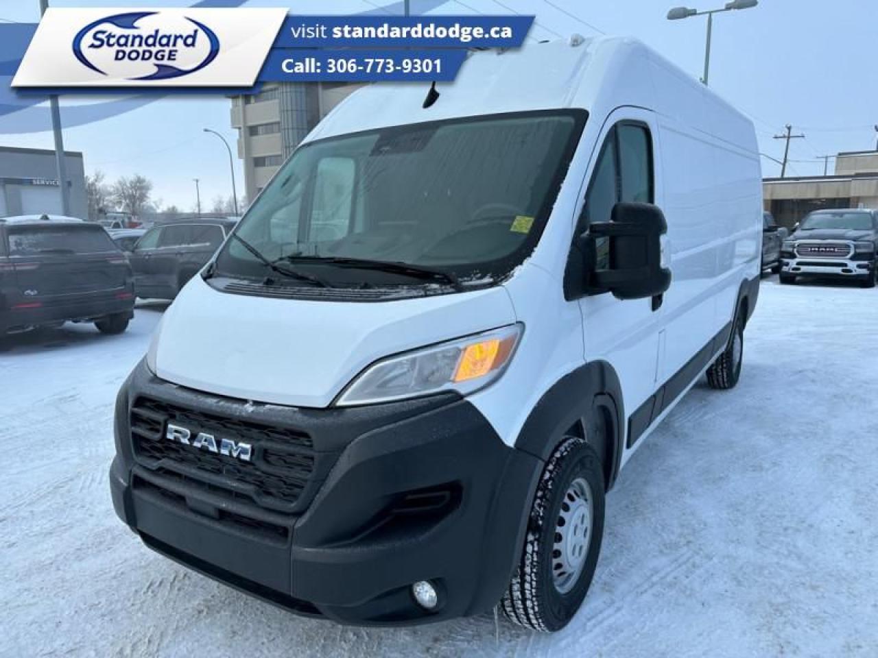 <b>Rear Camera,  Remote Keyless Entry,  Uconnect3,  Streaming Audio,  Air Conditioning!</b><br> <br> <br> <br>  This Ram ProMaster Cargo Van offers a space-efficient design, a user-friendly interior, and is the ultimate commercial-friendly vehicle. <br> <br>This Ram ProMaster is a purpose-built, full-size van, designed to deliver maximum utility and functionality. With an upfitter-friendly design that includes nearly vertical side walls and uninterrupted floor space, this ProMaster delivers maximum storage, functionality, and simple configurability. Class-exclusive front-wheel drive gives this van enhanced traction in all seasons while providing increased cargo capacity.<br> <br> This bright white van  has a 9 speed automatic transmission and is powered by a  276HP 3.6L V6 Cylinder Engine.<br> <br> Our ProMaster Cargo Vans trim level is 3500 High Roof Ext 159. This full-size van comes packed with work-ready features inside and out. Featuring the best-in-class turning diameter, exceptional payload capacity and it also includes remote keyless entry, air conditioning, power windows, Uconnect 3 w/5 inch display screen and streaming audio, a remote USB port for charging your devices, tire pressure monitoring, electronic stability control, trailer sway control, electronic roll mitigation, Rams Parkview rear camera and much more. This vehicle has been upgraded with the following features: Rear Camera,  Remote Keyless Entry,  Uconnect3,  Streaming Audio,  Air Conditioning,  Power Windows. <br><br> View the original window sticker for this vehicle with this url <b><a href=http://www.chrysler.com/hostd/windowsticker/getWindowStickerPdf.do?vin=3C6MRVJG0SE510415 target=_blank>http://www.chrysler.com/hostd/windowsticker/getWindowStickerPdf.do?vin=3C6MRVJG0SE510415</a></b>.<br> <br>To apply right now for financing use this link : <a href=https://standarddodge.ca/financing target=_blank>https://standarddodge.ca/financing</a><br><br> <br/><br>* Visit Us Today *Youve earned this - stop by Standard Chrysler Dodge Jeep Ram located at 208 Cheadle St W., Swift Current, SK S9H0B5 to make this car yours today! <br> Pricing may not reflect additional accessories that have been added to the advertised vehicle<br> o~o