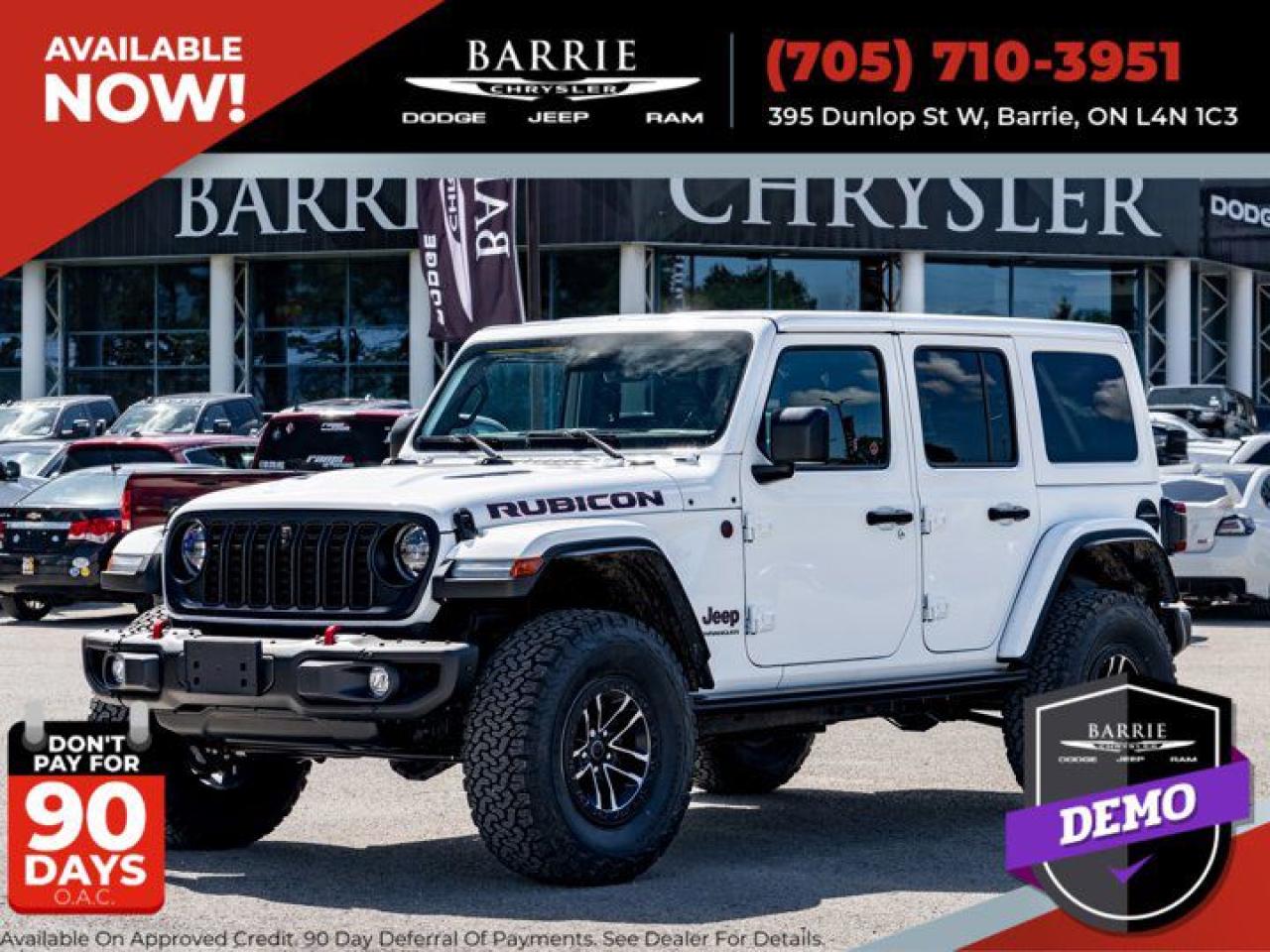 Drivers only for this dominant and agile certified 2024 Jeep Wrangler Rubicon X. Enjoy quick shifting from the Manual transmission paired with this high performance Regular Unleaded V-6 3.6 L/220 engine. Boasting a breathtaking amount of torque, this vehicle deserves a passionate owner! Its loaded with the following options: WHEELS: 17 X 8.0 MACHINED W/BLACK POCKETS, TRANSMISSION: 8-SPEED TORQUEFLITE AUTO -inc: Tires: LT315/70R17C 113/110S, Remote Start System, Wheel Flare Extensions, 4:1 Rock-Trac HD Full Time 4WD System, MOPAR Tire Relocation Kit, Performance 4-Wheel Anti-Lock Disc Brakes, Wheels: 17 x 8.0 Machined w/Black Pockets, 4.56 Rear Axle Ratio, 35 Tire Suspension, MOPAR Hinge-Gate Reinforcement, MOPAR Jack Spacer, Selec-Speed Control, TIRES: LT315/70R17C 113/110S, QUICK ORDER PACKAGE 24Y RUBICON X -inc: Engine: 3.6L Pentastar VVT V6 w/ESS, Transmission: 8-Speed TorqueFlite Auto, Steel Front Bumper, Alpine Premium Audio System, Integrated Off-Road Camera, Blind-Spot/Rear Cross-Path Detection, HD Radio, Auto-Dimming Rearview Mirror, Body-Colour 3-Piece Hardtop, Freedom Panel Storage Bag, Rear Window Defroster, Rear Window Wiper w/Washer, Front Heated Seats, GPS Navigation, Automatic High-Beam Headlamp Control, Universal Garage Door Opener, Delete Sunrider Soft Top, Acoustic Laminated Front Door Glass, Acoustic Front Seat Area Carpet, Heated Steering Wheel, Park-Sense Rear Park Assist System, Body Colour Rubicon Highline Flare, Trailer Tow Prep Group, Steel Rear Bumper, MOPAR PERFORMANCE SATIN BLACK GRILLE, MOPAR HINGE-GATE REINFORCEMENT, MOPAR HD ROCK SLIDER W/STEP ASSIST, ENGINE: 3.6L PENTASTAR VVT V6 W/ESS (STD), DUAL TOP GROUP -inc: Black Premium Sunrider Soft Top (ST2), and BRIGHT WHITE. Find excuses for road trips in this peppy and playful Jeep Wrangler. For a hassle-free deal on this must-own Jeep Wrangler come see us at BARRIE CHRYSLER, 395 Dunlop St West, Barrie, ON L4N1C3. Just minutes away!