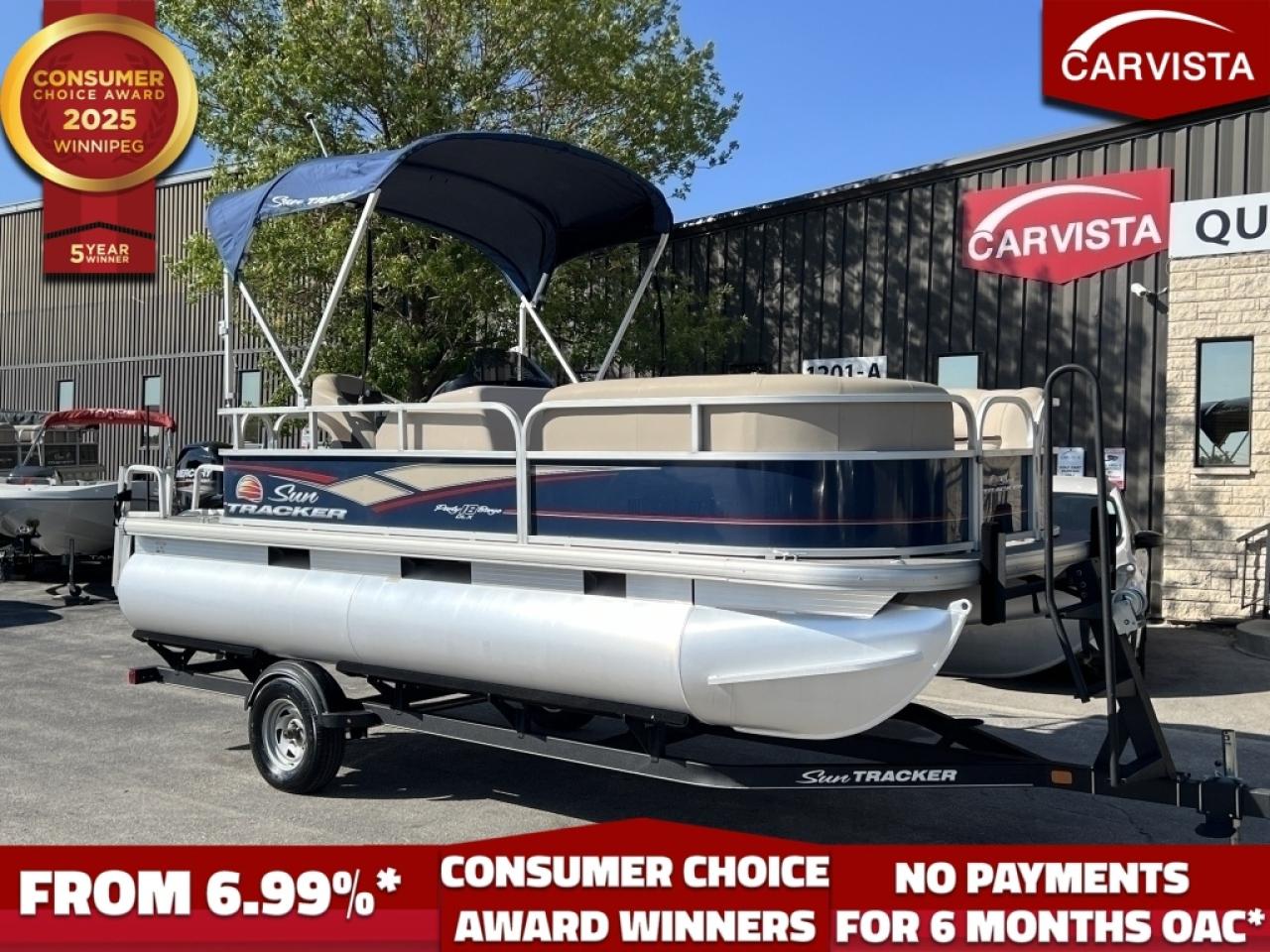 NO TARIFFS ON OUR INVENTORY! No Payments for up to 6 months*. Low interest options available! Come see why Carvista has been the Consumer Choice Award Winner for 5 consecutive years! 2021-2025!
ONLY 47 HOURS!  MOTOR AND TRAILER INCLUDED.

Looking for the perfect pontoon boat to enjoy sunny days on the water? Check out this 2019 Sun Tracker Party Barge 18 DLX – a fantastic, family-friendly boat designed for comfort, style, and fun! Powered by a 60HP Mercury FourStroke engine, this boat provides the right balance of speed and fuel efficiency, perfect for cruising, tubing, or fishing.

Key Features:
60HP Mercury FourStroke Engine: Reliable and efficient, this engine provides smooth, quiet performance with plenty of power to get you around the lake with ease.
Spacious Design: With seating for up to 9 people, theres plenty of room for friends and family to enjoy the ride. The spacious deck includes ample seating with luxurious, cushioned lounges and a dedicated captain’s chair.
Bimini Top: Stay cool on hot days with the included bimini top, providing plenty of shade when you need it.
Storage Galore: The boat features multiple storage compartments for gear, life jackets, and more, keeping everything organized and accessible.
Bluetooth stereo with 2 speakers

Trailer Included:
Matching Tracker Trailer: This package includes a high-quality Tracker trailer for easy towing and launching. With durable construction and a custom fit, transporting your boat is simple and secure.
This 2019 Sun Tracker Party Barge 18 DLX is in excellent condition and is ready to hit the water. Whether you’re planning a fun day with family or a peaceful evening cruise, this boat offers everything you need.

Come see why Carvista has been the Consumer Choice Award Winner for 5 consecutive years! 2021, 2022, 2023, 2024 and 2025! Dont play the waiting game, our units are instock, no pre-order necessary!! See for yourself why Carvista has won this prestigious award and continues to serve its community. Carvista Approved! Carvista Approved! Our BoatVista package includes a complete inspection of your boat that includes an engine run up and test of the general systems of the unit! We pride ourselves in providing the highest quality marine products possible, and include a rigorous detail to ensure you get the cleanest unit around.
Prices and payments exclude GST OR PST 
Carvista Inc. Dealer Permit # 1211
Category: Used Boat
Units may not be exactly as shown, please verify all details with a sales person.