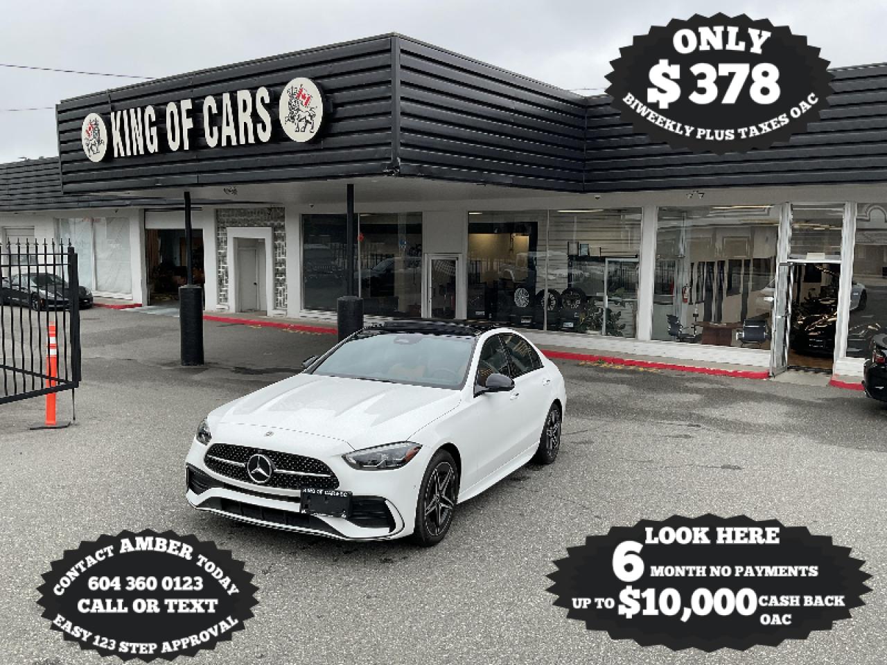 <p><strong>2023 MERCEDES-BENZ C300 4MATIC</strong></p><p>PANORAMIC SUNROOF, NAVIGATION, 360 DEGREE CAMERA, BLACK/BROWN LEATHER SEATS, HEATED SEATS, POWER MEMORY SEATS, DIGITAL DRIVER DISPLAY, APPLE CARPLAY, ANDROID AUTO, EMERGENCY COLLISION BRAKING, BLIND SPOT DETECTION, PARKING SENSORS, AMBIENT LIGHTING, KEYLESS GO, PUSH BUTTON START, AUTO STOP & GO, POWER TELESCOPIC STEERING WHEEL, POWER FOLDING MIRRORS, POWER TRUNK, LED HEADLIGHTS, AMG WHEELS</p><p>BALANCE OF MERCEDES-BENZ FACTORY WARRANTY</p><p>CALL US TODAY FOR MORE INFORMATION

604 533 4499 OR TEXT US AT 604 360 0123</p><p>GO TO KINGOFCARSBC.COM AND APPLY FOR A FREE

-------- PRE APPROVAL -------</p><p>STOCK # P215087</p><p>PLUS ADMINISTRATION FEE OF $895 AND TAXES</p><p>DEALER # 31301</p><p>all finance options are subject to ....oac...</p>