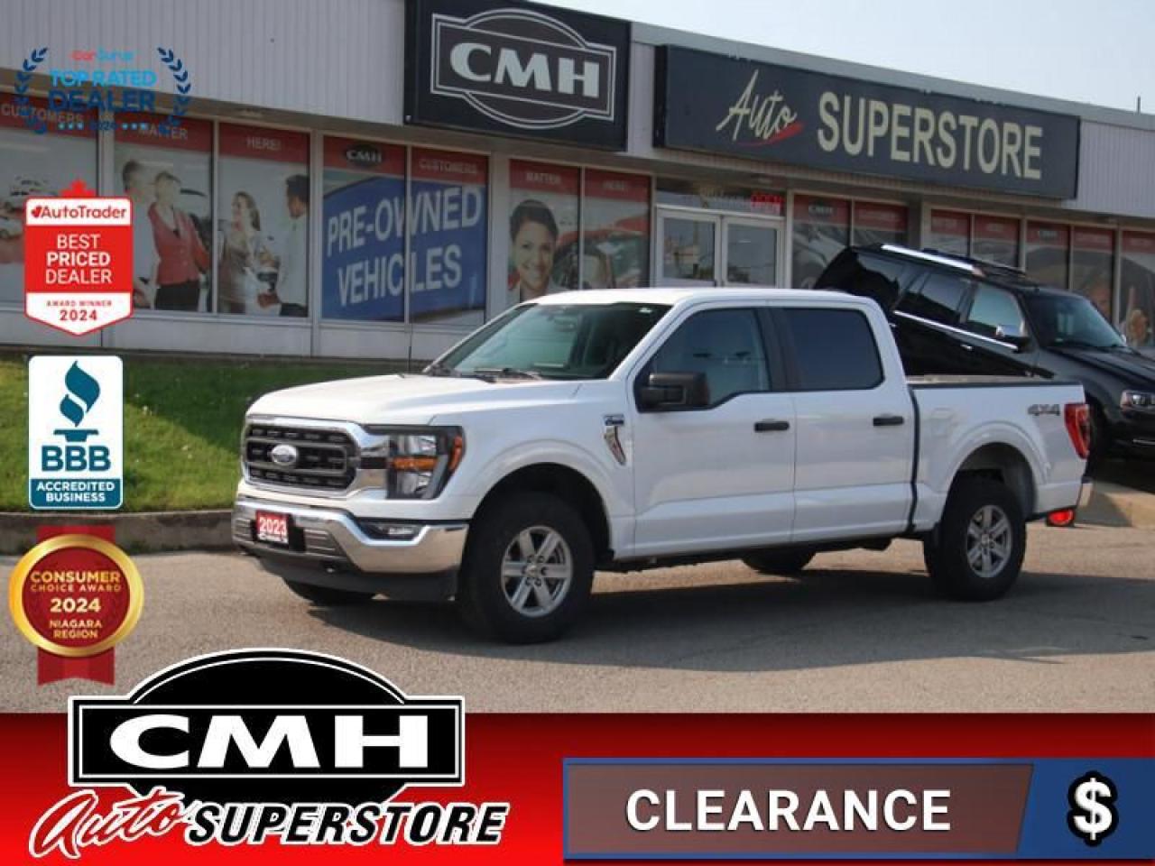 <b>5.0L V8 !! CREW 4X4 !! NAVIGATION, REAR CAMERA, PARKING SENSORS, BLIND SPOT, LANE KEEPING, COLLISION SENSORS, CROSS TRAFFIC ALERT, APPLE CARPLAY, ANDROID AUTO, STEERING WHEEL CONTROLS, POWER DRIVER SEAT, TOWING CONTROLLER, REAR DEFROSTER, 17-INCH ALLOYS</b><br>  <br>CMH certifies that all vehicles meet DOUBLE the Ministry standards for Brakes and Tires<br><br> <br>    This  2023 Ford F-150 is for sale today. <br> <br>The perfect truck for work or play, this versatile Ford F-150 gives you the power you need, the features you want, and the style you crave! With high-strength, military-grade aluminum construction, this F-150 cuts the weight without sacrificing toughness. The interior design is first class, with simple to read text, easy to push buttons and plenty of outward visibility. With productivity at the forefront of design, the F-150 makes use of every single component was built to get the job done right!This  Crew Cab 4X4 pickup  has 52,288 kms. Its  oxford white in colour  and is major accident free based on the <a href=https://vhr.carfax.ca/?id=hYi5WHIgWCAsjLhs71+l4dm8ib1yKP+7 target=_blank>CARFAX Report</a> . It has an automatic transmission and is powered by a  400HP 5.0L 8 Cylinder Engine. <br> <br> Our F-150s trim level is XLT. Upgrading to the class leader, this Ford F-150 XLT comes very well equipped with remote keyless entry and remote engine start, dynamic hitch assist, Ford Co-Pilot360 that features lane keep assist, pre-collision assist and automatic emergency braking. Enhanced features include aluminum wheels, chrome exterior accents, SYNC 4 with enhanced voice recognition, Apple CarPlay and Android Auto, FordPass Connect 4G LTE, steering wheel mounted cruise control, a powerful audio system, cargo box lights, power door locks and a rear view camera to help when backing out of a tight spot. This vehicle has been upgraded with the following features: Aluminum Wheels,  Sync,  Blind Spot Detection,  Dynamic Hitch Assist,  Apple Carplay,  Android Auto,  Remote Start. <br> To view the original window sticker for this vehicle view this <a href=http://www.windowsticker.forddirect.com/windowsticker.pdf?vin=1FTFW1E59PFB09616 target=_blank>http://www.windowsticker.forddirect.com/windowsticker.pdf?vin=1FTFW1E59PFB09616</a>. <br/><br> <br>To apply right now for financing use this link : <a href=https://www.cmhniagara.com/financing/ target=_blank>https://www.cmhniagara.com/financing/</a><br><br> <br/><br>Trade-ins are welcome! Financing available OAC ! Price INCLUDES a valid safety certificate! Price INCLUDES a 60-day limited warranty on all vehicles except classic or vintage cars. CMH is a Full Disclosure dealer with no hidden fees. We are a family-owned and operated business for over 30 years! o~o