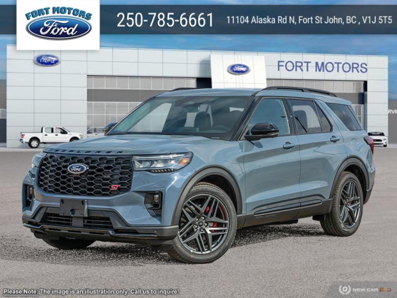 <b>21 inch Aluminum Wheels!</b><br> <br>   Just as the name implies, this 2025 Explorer is ready to move you beyond your boundaries. <br> <br><br> <br> This vapor blue metallic SUV  has a 10 speed automatic transmission and is powered by a  400HP 3.0L V6 Cylinder Engine.<br> <br> Our Explorers trim level is ST. This range-topping Explorer ST rewards you with sport-tuned suspension, a dual-panel sunroof and cooled front seats, as well as BlueCruise 1.2, inbuilt navigation, Bang & Olufsen audio, an aerial view camera system and a heated steering wheel. Also standard include 21 aluminum wheels, FordPass Connect 5G mobile hotspot internet access, adaptive cruise control, smart device remote engine start, and a power liftgate for rear cargo access. On the inside, occupants are treated to leather upholstery, voice-activated dual-zone climate control, and a 13.2-inch infotainment screen with wireless Apple CarPlay and Android Auto. Safety features also include lane keep assist with lane departure warning, collision mitigation, automatic emergency braking, evasion assist, and rear parking sensors. This vehicle has been upgraded with the following features: 21 Inch Aluminum Wheels. <br><br> View the original window sticker for this vehicle with this url <b><a href=http://www.windowsticker.forddirect.com/windowsticker.pdf?vin=1FMWK8GC9SGA13323 target=_blank>http://www.windowsticker.forddirect.com/windowsticker.pdf?vin=1FMWK8GC9SGA13323</a></b>.<br> <br>To apply right now for financing use this link : <a href=https://www.fortmotors.ca/free-credit-check/ target=_blank>https://www.fortmotors.ca/free-credit-check/</a><br><br> <br/><br>Come down to Fort Motors and take it for a spin!<p><br> Come by and check out our fleet of 30+ used cars and trucks and 230+ new cars and trucks for sale in Fort St John.  o~o