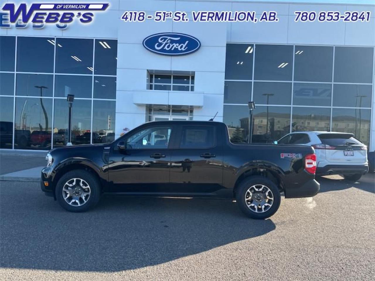 <b>Sunroof, FX4 Off-Road Package, Tow Package!</b><br> <br> <br> <br>  This Maverick is the perfect vehicle for drivers who want the utility of an open truck bed without the gargantuan size of a full-size pickup. <br> <br>With a do-it-yourself attitude, this trendsetter is ready for any challenge you put in front of it. The Maverick is designed to fit up to 5 passengers, tow or haul an impressive payload and offers maneuverability in the city that is unsurpassed. Whether you choose to use this Ford Maverick as a daily commuter, a grocery getter, furniture hauler or weekend warrior, this compact pickup truck is ready, willing and able to get it done!<br> <br> This shadow black Crew Cab 4X4 pickup   has a 8 speed automatic transmission and is powered by a  250HP 2.0L 4 Cylinder Engine.<br> <br> Our Mavericks trim level is Lariat. Offering even more comfort and convenience, this Maverick Lariat features heated front seats with a power-adjustable drivers seat, ActiveX synthetic leather upholstery, dual-zone climate control, and proximity keyless entry with push button start. Also standard is a configurable cargo box, to allow for even more storage versatility. Additional standard equipment includes towing equipment with trailer sway control, full folding rear bench seats, an underbody-stored spare wheel, and cargo box lights. Convenience and connectivity features include cruise control with steering wheel controls, front and rear cupholders, power rear windows, remote keyless entry, mobile hotspot internet access, and a 9-inch infotainment screen with Apple CarPlay and Android Auto. Safety features include automatic emergency braking, forward collision alert, LED headlights with automatic high beams, and a rearview camera. This vehicle has been upgraded with the following features: Sunroof, Fx4 Off-road Package, Tow Package. <br><br> View the original window sticker for this vehicle with this url <b><a href=http://www.windowsticker.forddirect.com/windowsticker.pdf?vin=3FTTW8S96RRB29718 target=_blank>http://www.windowsticker.forddirect.com/windowsticker.pdf?vin=3FTTW8S96RRB29718</a></b>.<br> <br>To apply right now for financing use this link : <a href=https://www.webbsford.com/financing/ target=_blank>https://www.webbsford.com/financing/</a><br><br> <br/>    5.99% financing for 84 months. <br> Buy this vehicle now for the lowest bi-weekly payment of <b>$359.73</b> with $0 down for 84 months @ 5.99% APR O.A.C. ( taxes included, $149 documentation fee   / Total cost of borrowing $12042   ).  Incentives expire 2025-01-02.  See dealer for details. <br> <br>Webbs Ford is located at 4118 - 51st Street in beautiful Vermilion, AB. <br/>We offer superior sales and service for our valued customers and are committed to serving our friends and clients with the best services possible. If you are looking to set up a test drive in one of our new Fords or looking to inquire about financing options, please call (780) 853-2841 and speak to one of our professional staff members today.   Vehicle pricing offer shown expire 2024-12-31.  o~o