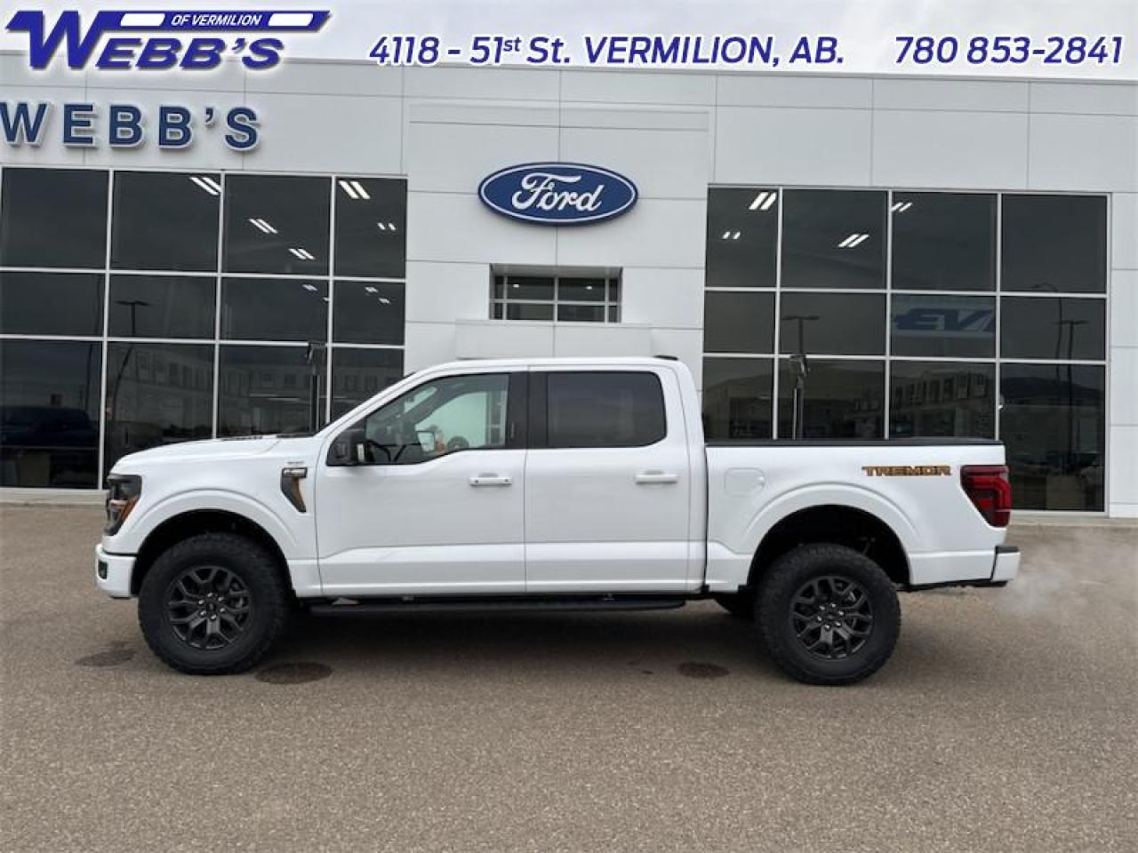 <b>18 inch Aluminum Wheels, Tow Package, Tailgate Step!</b><br> <br> <br> <br>  Thia 2024 F-150 is a truck that perfectly fits your needs for work, play, or even both. <br> <br>Just as you mould, strengthen and adapt to fit your lifestyle, the truck you own should do the same. The Ford F-150 puts productivity, practicality and reliability at the forefront, with a host of convenience and tech features as well as rock-solid build quality, ensuring that all of your day-to-day activities are a breeze. Theres one for the working warrior, the long hauler and the fanatic. No matter who you are and what you do with your truck, F-150 doesnt miss.<br> <br> This oxford white Crew Cab 4X4 pickup   has a 10 speed automatic transmission and is powered by a  400HP 3.5L V6 Cylinder Engine.<br> <br> Our F-150s trim level is Tremor. Upgrading to this Ford F-150 Tremor is a great choice as it comes loaded with exclusive aluminum wheels, a performance off-road suspension, a dual stainless steel exhaust with black tip, front fog lights, remote keyless entry and remote engine start, Ford Co-Pilot360 that features lane keep assist, pre-collision assist and automatic emergency braking. Enhanced features include body colored exterior accents, SYNC 4 with enhanced voice recognition, Apple CarPlay and Android Auto, FordPass Connect 4G LTE, steering wheel mounted cruise control, a powerful audio system, trailer hitch and sway control, cargo box lights, power door locks and a rear view camera to help when backing out of a tight spot. This vehicle has been upgraded with the following features: 18 Inch Aluminum Wheels, Tow Package, Tailgate Step. <br><br> View the original window sticker for this vehicle with this url <b><a href=http://www.windowsticker.forddirect.com/windowsticker.pdf?vin=1FTFW4L89RFB62673 target=_blank>http://www.windowsticker.forddirect.com/windowsticker.pdf?vin=1FTFW4L89RFB62673</a></b>.<br> <br>To apply right now for financing use this link : <a href=https://www.webbsford.com/financing/ target=_blank>https://www.webbsford.com/financing/</a><br><br> <br/> Total  cash rebate of $8000 is reflected in the price. Credit includes $8,000 Delivery Allowance.  6.99% financing for 84 months. <br> Buy this vehicle now for the lowest bi-weekly payment of <b>$531.90</b> with $0 down for 84 months @ 6.99% APR O.A.C. ( taxes included, $149 documentation fee   / Total cost of borrowing $20330   ).  Incentives expire 2024-12-02.  See dealer for details. <br> <br>Webbs Ford is located at 4118 - 51st Street in beautiful Vermilion, AB. <br/>We offer superior sales and service for our valued customers and are committed to serving our friends and clients with the best services possible. If you are looking to set up a test drive in one of our new Fords or looking to inquire about financing options, please call (780) 853-2841 and speak to one of our professional staff members today.   Vehicle pricing offer shown expire 2024-11-30.  o~o