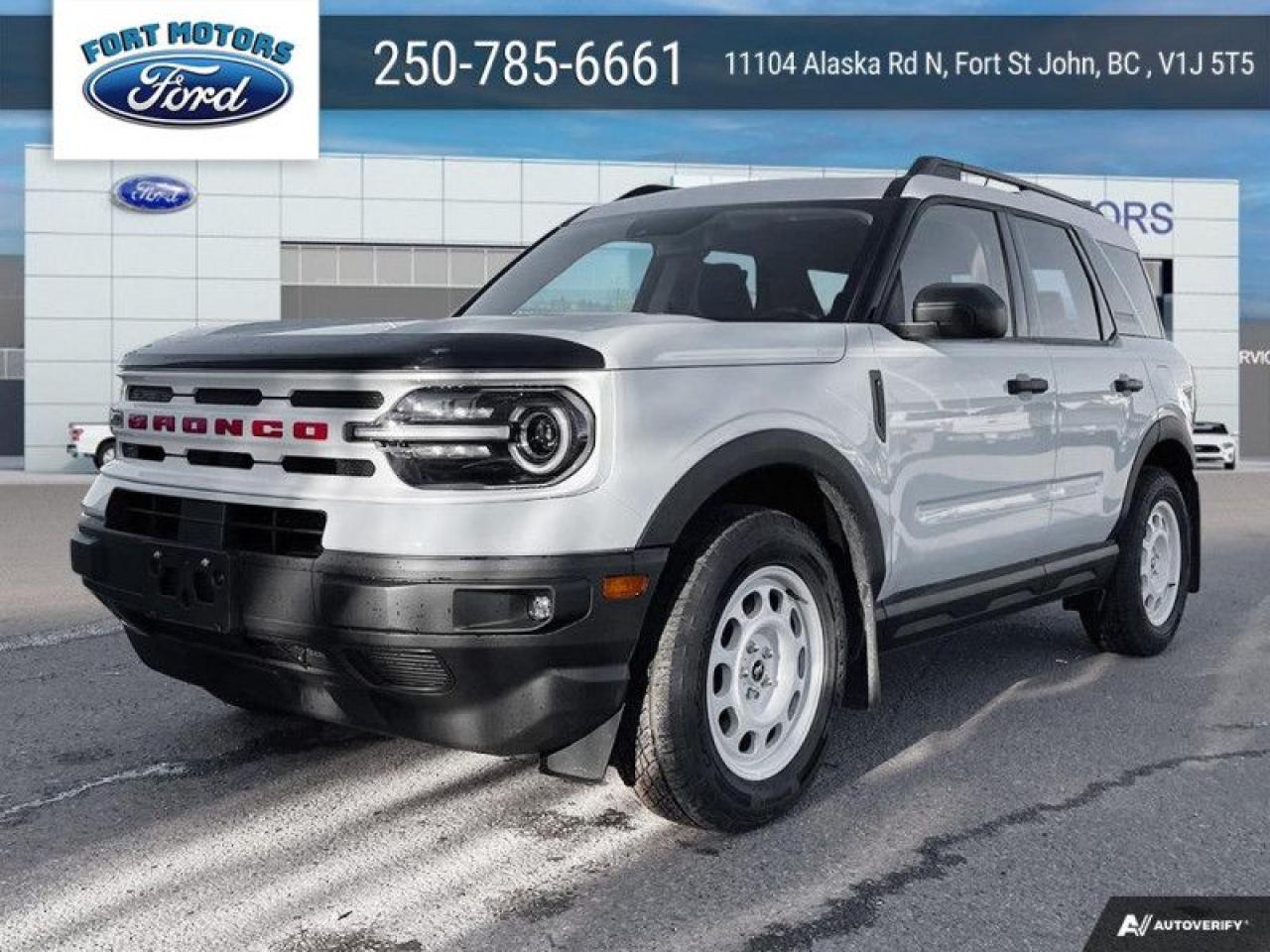 <b>Sunroof, Ford Co-Pilot360 Assist+, Wireless Charging, 8-way Power Drivers Seat!</b><br> <br>   Looking for off-roading capability with a mix off efficiency and tech features? This Bronco Sport is certainly up to the challenge. <br> <br>A compact footprint, an iconic name, and modern luxury come together to make this Bronco Sport an instant classic. Whether your next adventure takes you deep into the rugged wilds, or into the rough and rumble city, this Bronco Sport is exactly what you need. With enough cargo space for all of your gear, the capability to get you anywhere, and a manageable footprint, theres nothing quite like this Ford Bronco Sport.<br> <br> This robins egg blue SUV  has a 8 speed automatic transmission and is powered by a  181HP 1.5L 3 Cylinder Engine.<br> <br> Our Bronco Sports trim level is Heritage. This Bronco Sport Heritage comes standard with unique aluminum wheels, class II towing equipment with a hitch and trailer sway control, heated cloth front seats that feature power lumbar adjustment, and SiriusXM streaming radio. Also standard include voice-activated automatic air conditioning, 8-inch SYNC 3 powered infotainment screen with Apple CarPlay and Android Auto, smart charging USB type-A and type-C ports, 4G LTE mobile hotspot internet access, proximity keyless entry with remote start, and a robust terrain management system that features the trademark Go Over All Terrain (G.O.A.T.) driving modes. Additional features include blind spot detection, rear cross traffic alert and pre-collision assist with automatic emergency braking, lane keeping assist, lane departure warning, forward collision alert, driver monitoring alert, a rear-view camera, and so much more. This vehicle has been upgraded with the following features: Sunroof, Ford Co-pilot360 Assist+, Wireless Charging, 8-way Power Drivers Seat. <br><br> View the original window sticker for this vehicle with this url <b><a href=http://www.windowsticker.forddirect.com/windowsticker.pdf?vin=3FMCR9G64RRF23614 target=_blank>http://www.windowsticker.forddirect.com/windowsticker.pdf?vin=3FMCR9G64RRF23614</a></b>.<br> <br>To apply right now for financing use this link : <a href=https://www.fortmotors.ca/free-credit-check/ target=_blank>https://www.fortmotors.ca/free-credit-check/</a><br><br> <br/><br>Come down to Fort Motors and take it for a spin!<p><br> Come by and check out our fleet of 30+ used cars and trucks and 200+ new cars and trucks for sale in Fort St John.  o~o