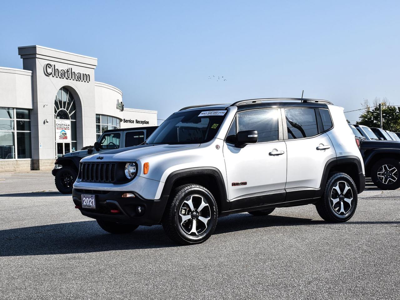 2021 Jeep Renegade 4D Sport Utility Trailhawk Glacier Metallic Clearcoat Kenwood Premium Audio System, Power Dual-Pane Panoramic Sunroof, Quick Order Package 22C Trailhawk, Sun & Sound Group. 4WD I4 9-Speed Automatic<br><br><br>Here at Chatham Chrysler, our Financial Services Department is dedicated to offering the service that you deserve. We are experienced with all levels of credit and are looking forward to sitting down with you. Chatham Chrysler Proudly serves customers from London, Ridgetown, Thamesville, Wallaceburg, Chatham, Tilbury, Essex, LaSalle, Amherstburg and Windsor with no distance being ever too far! At Chatham Chrysler, WE CAN DO IT!